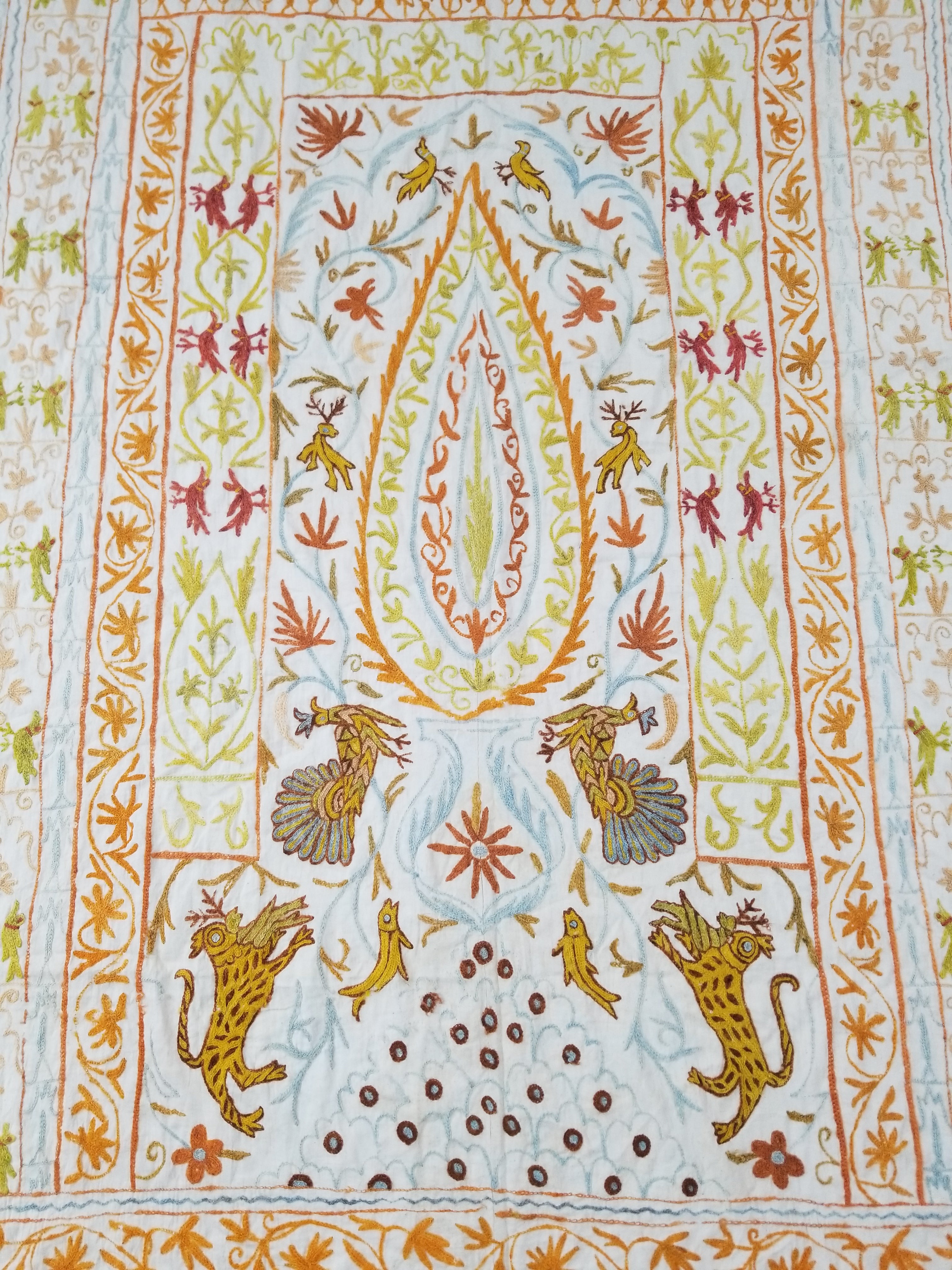 Antique Indian Mythical & Natural Motifs Crewel Embroidered Tapestry 253x124cm