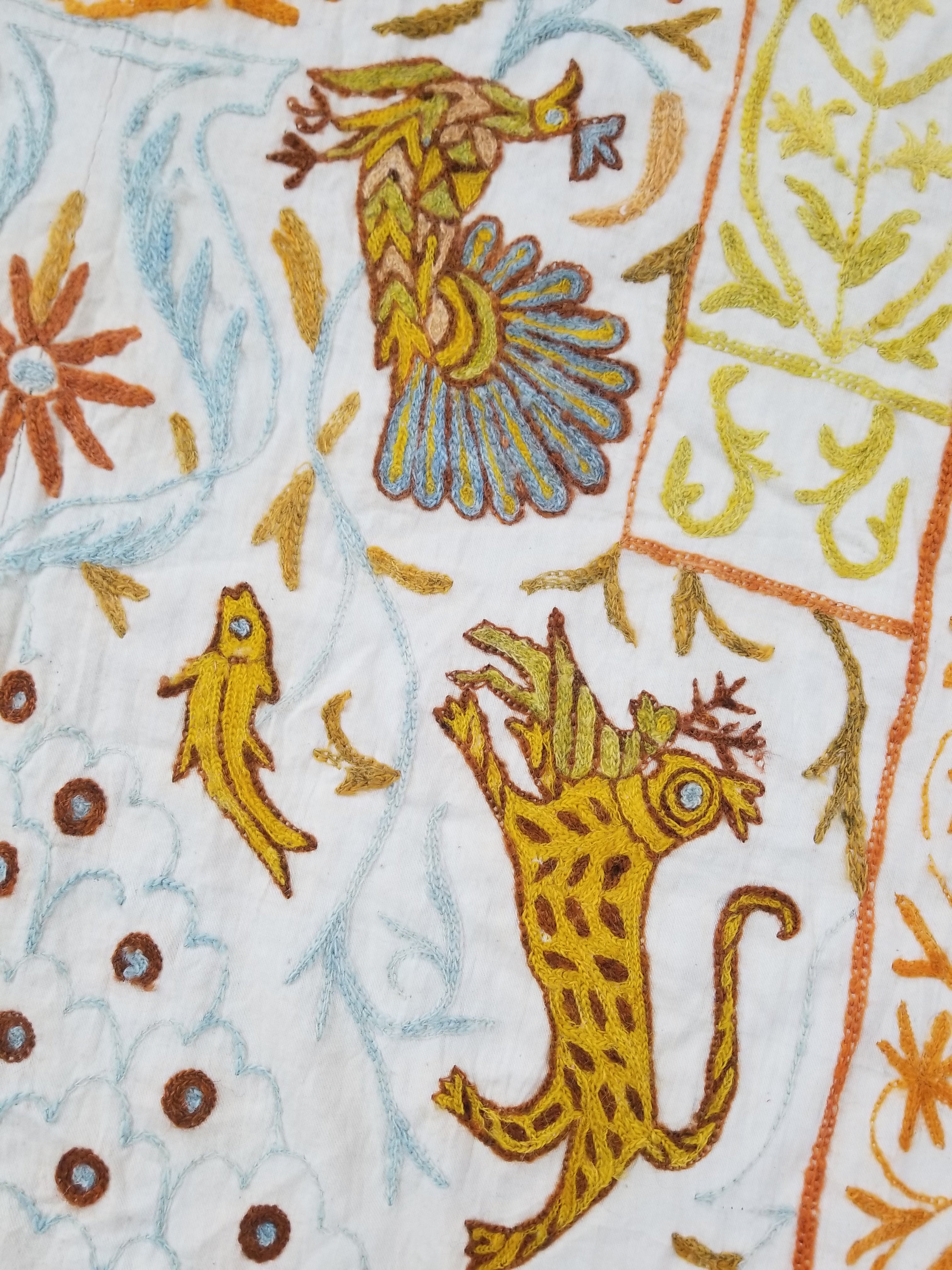 Antique Indian Mythical & Natural Motifs Crewel Embroidered Tapestry 253x124cm