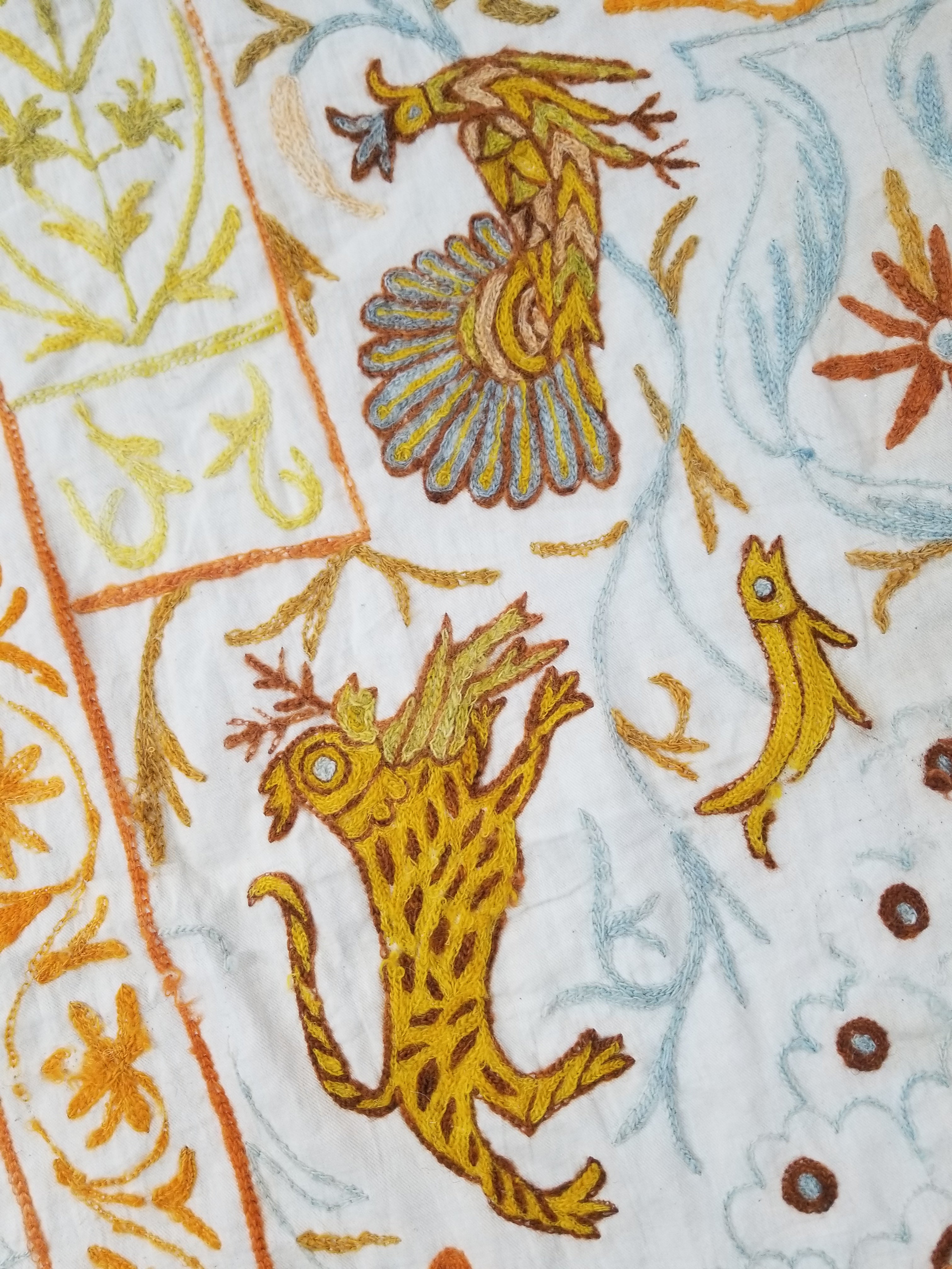Antique Indian Mythical & Natural Motifs Crewel Embroidered Tapestry 253x124cm
