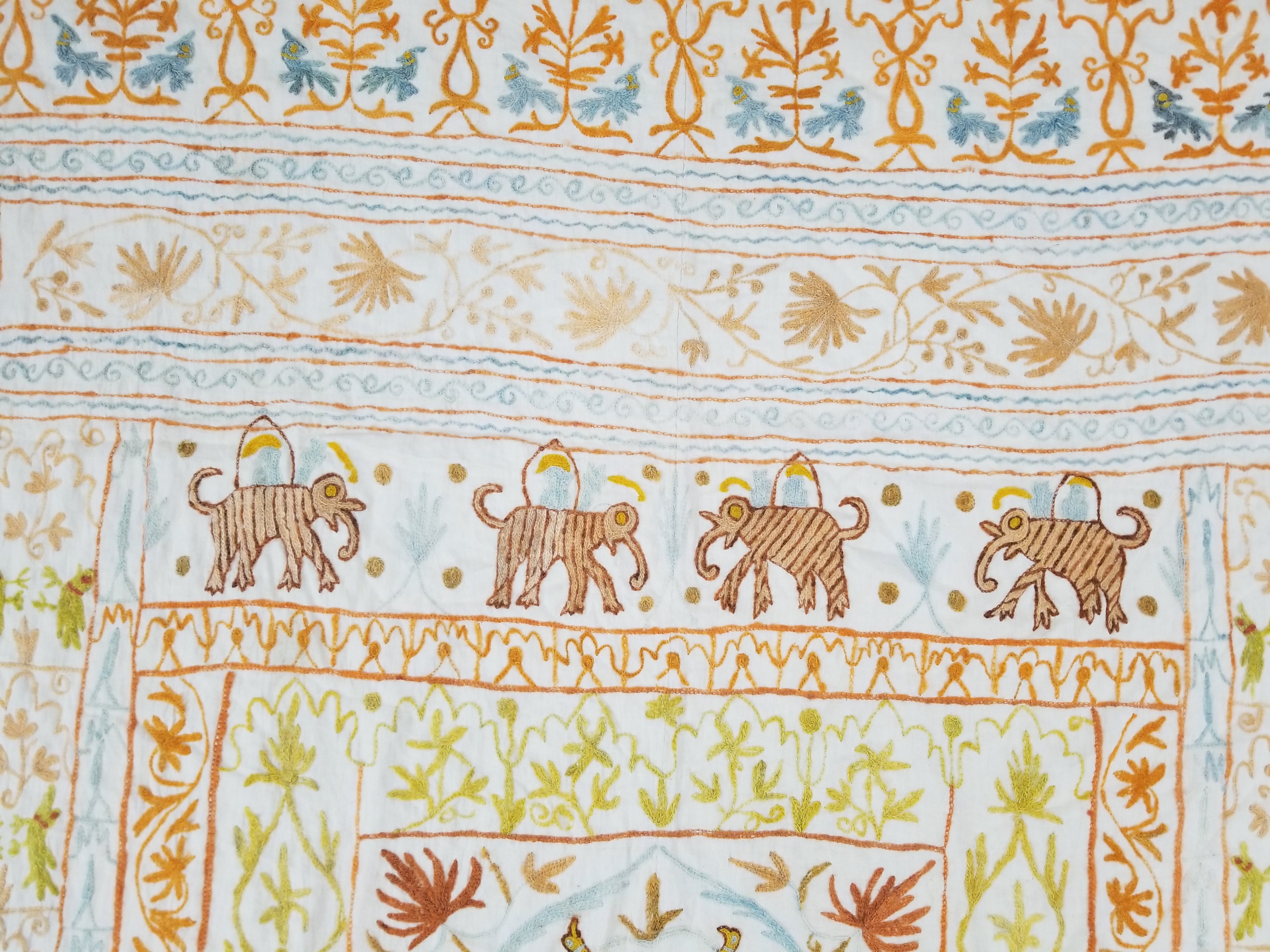 Antique Indian Mythical & Natural Motifs Crewel Embroidered Tapestry 253x124cm