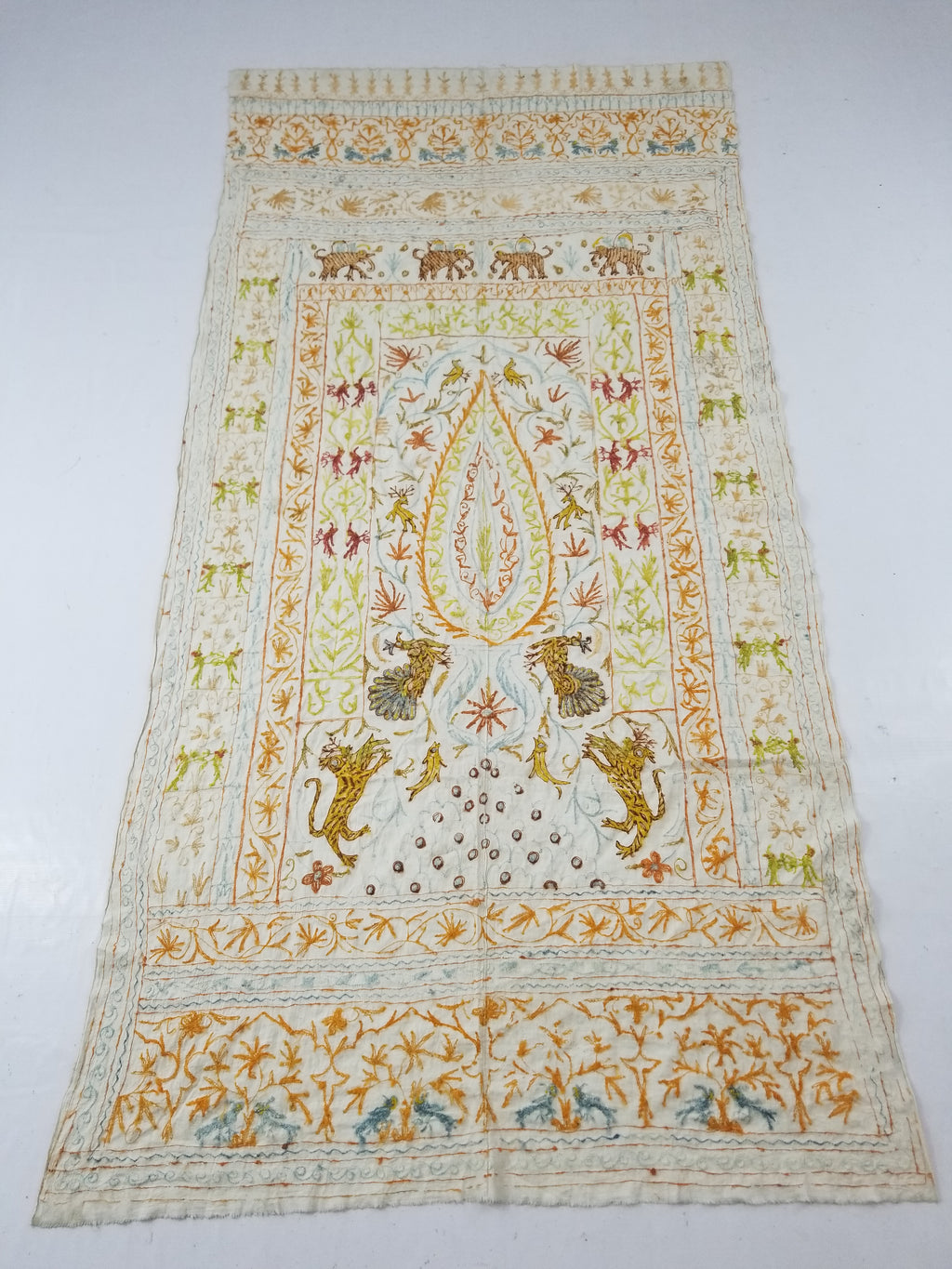 Antique Indian Mythical & Natural Motifs Crewel Embroidered Tapestry 253x124cm