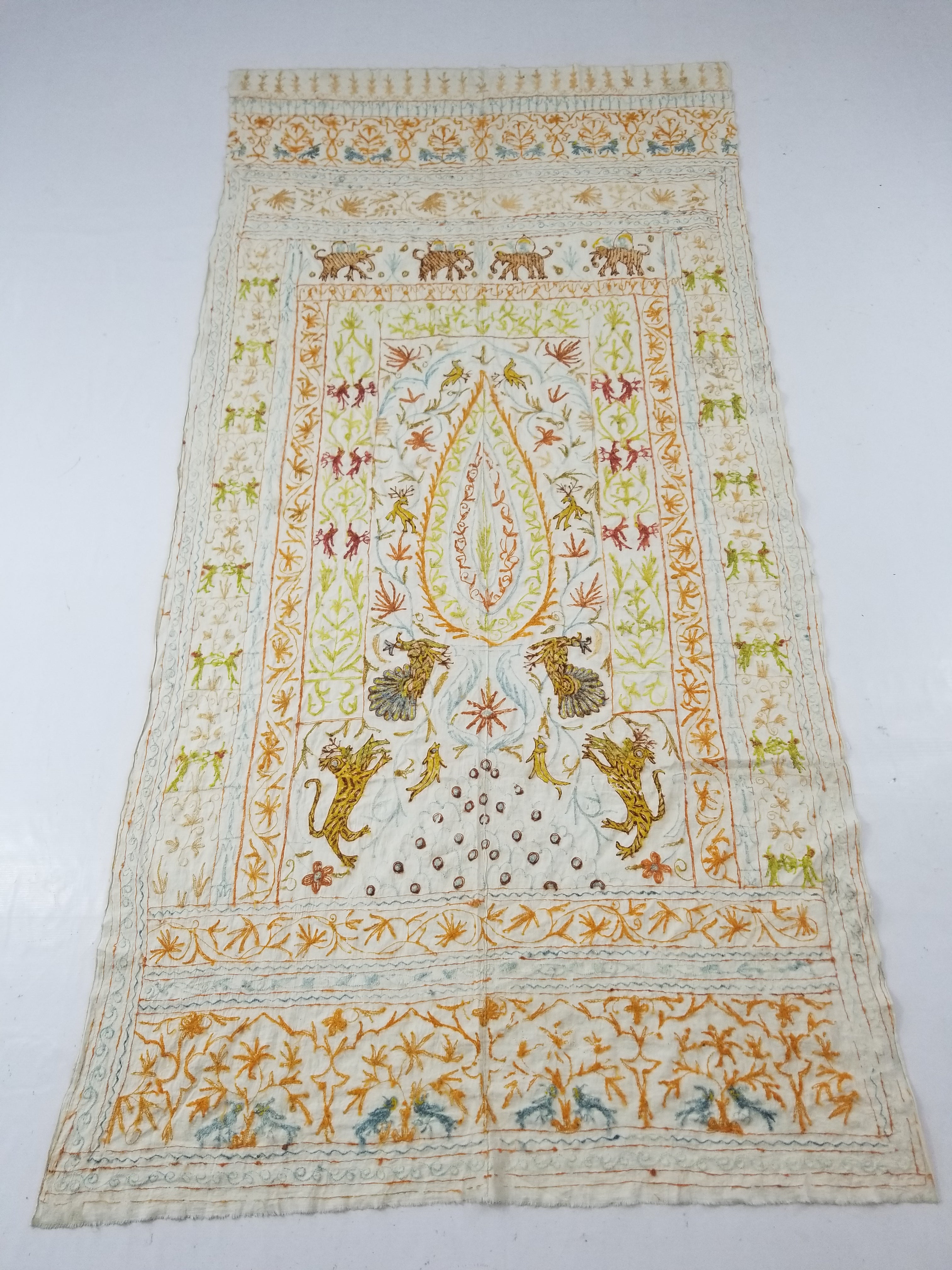 Antique Indian Mythical & Natural Motifs Crewel Embroidered Tapestry 253x124cm