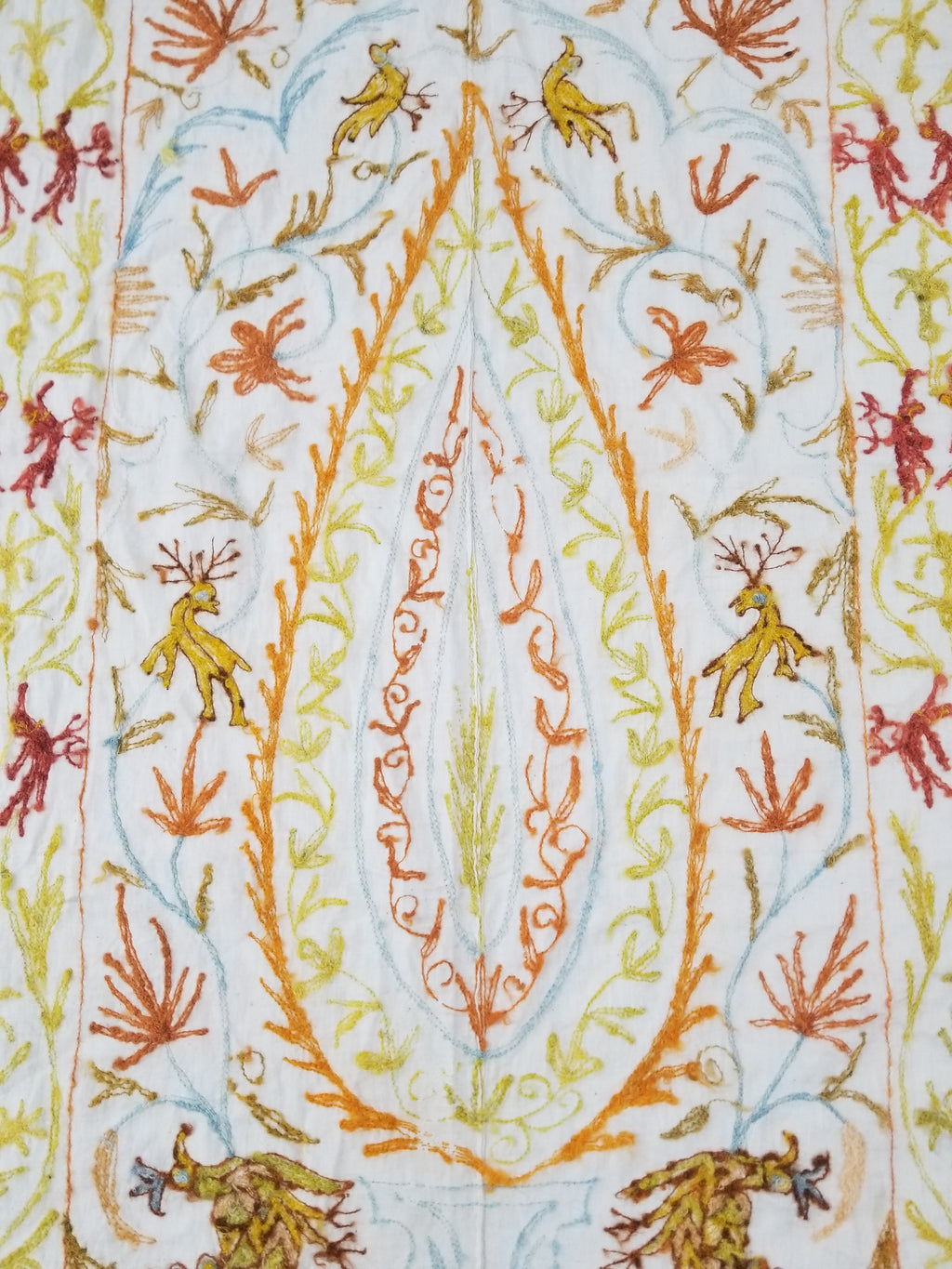 Antique Indian Mythical & Natural Motifs Crewel Embroidered Tapestry 253x124cm