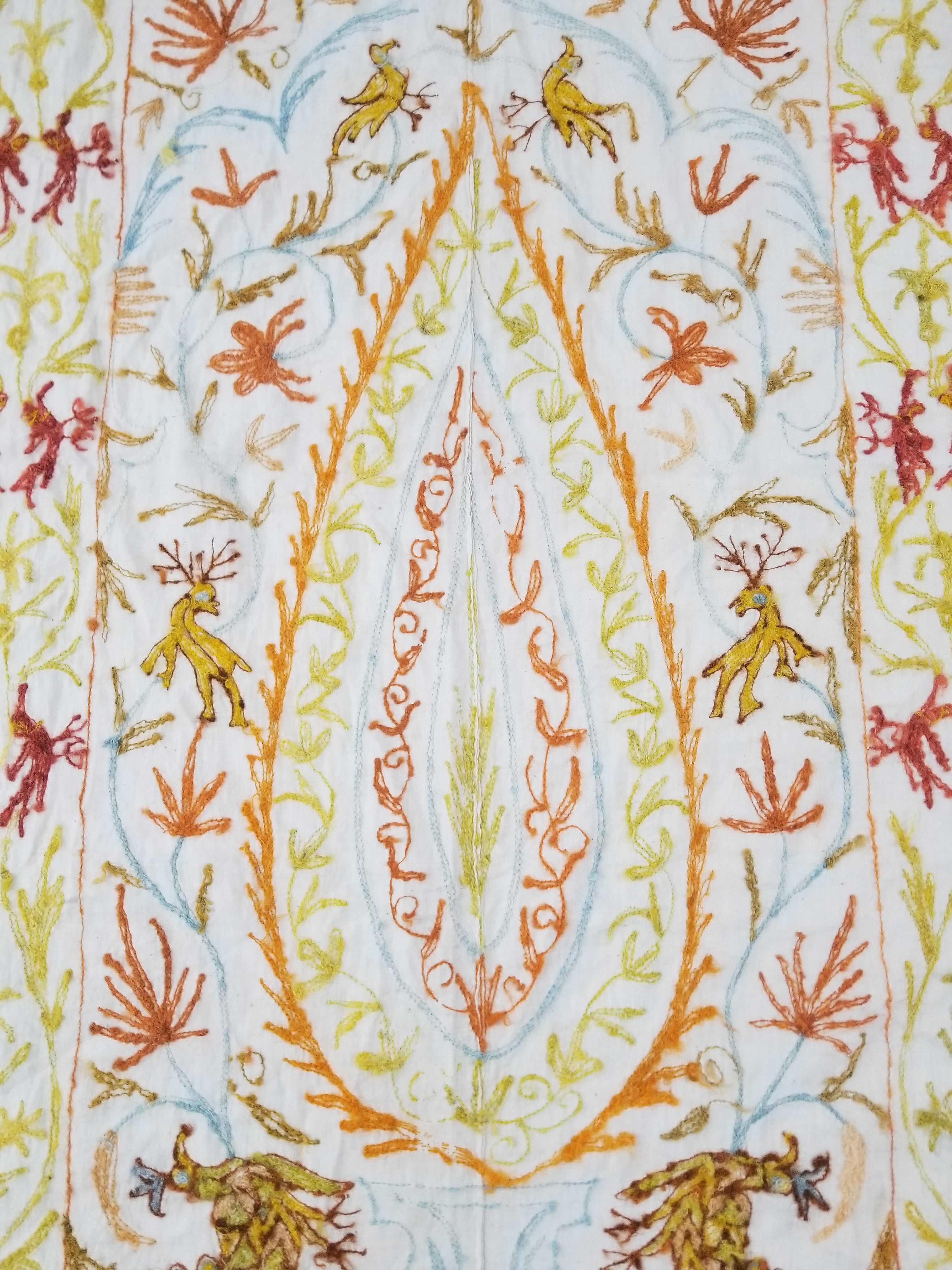 Antique Indian Mythical & Natural Motifs Crewel Embroidered Tapestry 253x124cm