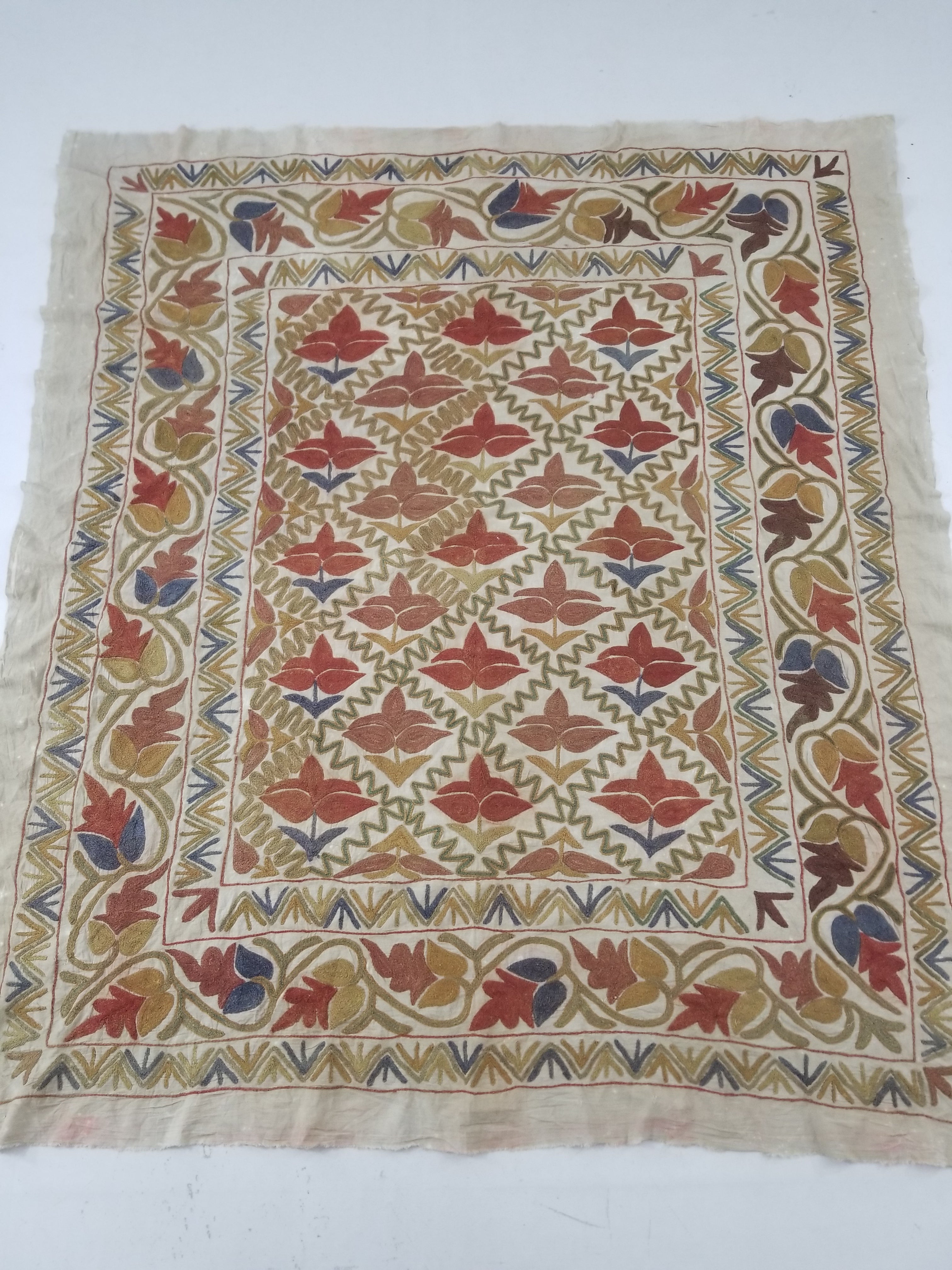 Vintage Traditional Indian Kashmiri Crewel Work Floral Textile 174x150cm