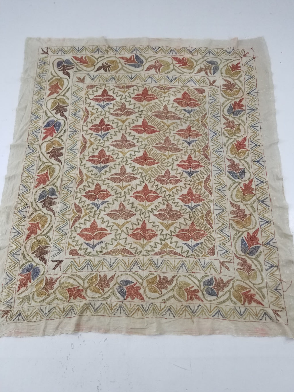 Vintage Traditional Indian Kashmiri Crewel Work Floral Textile 174x150cm