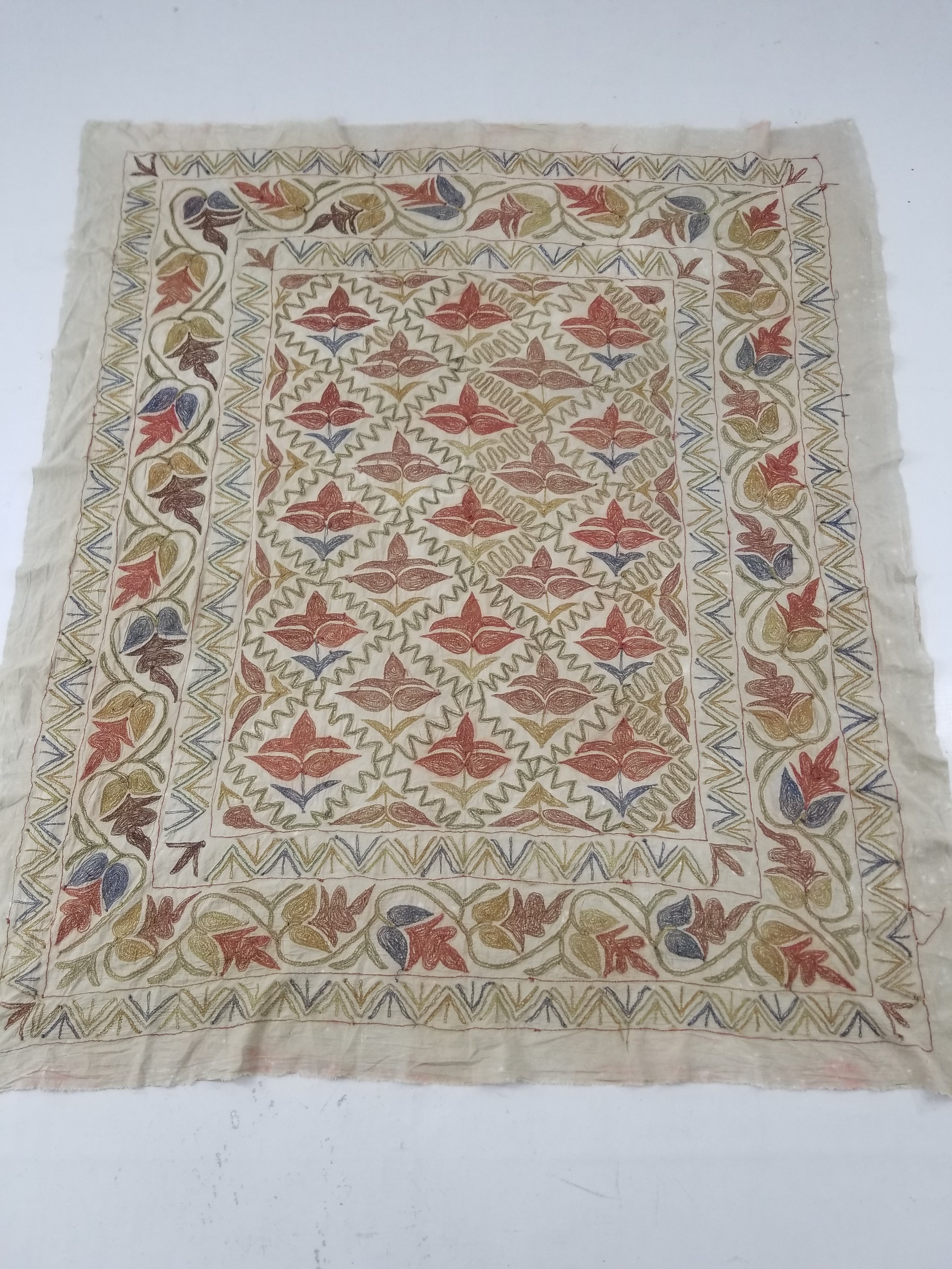 Vintage Traditional Indian Kashmiri Crewel Work Floral Textile 174x150cm