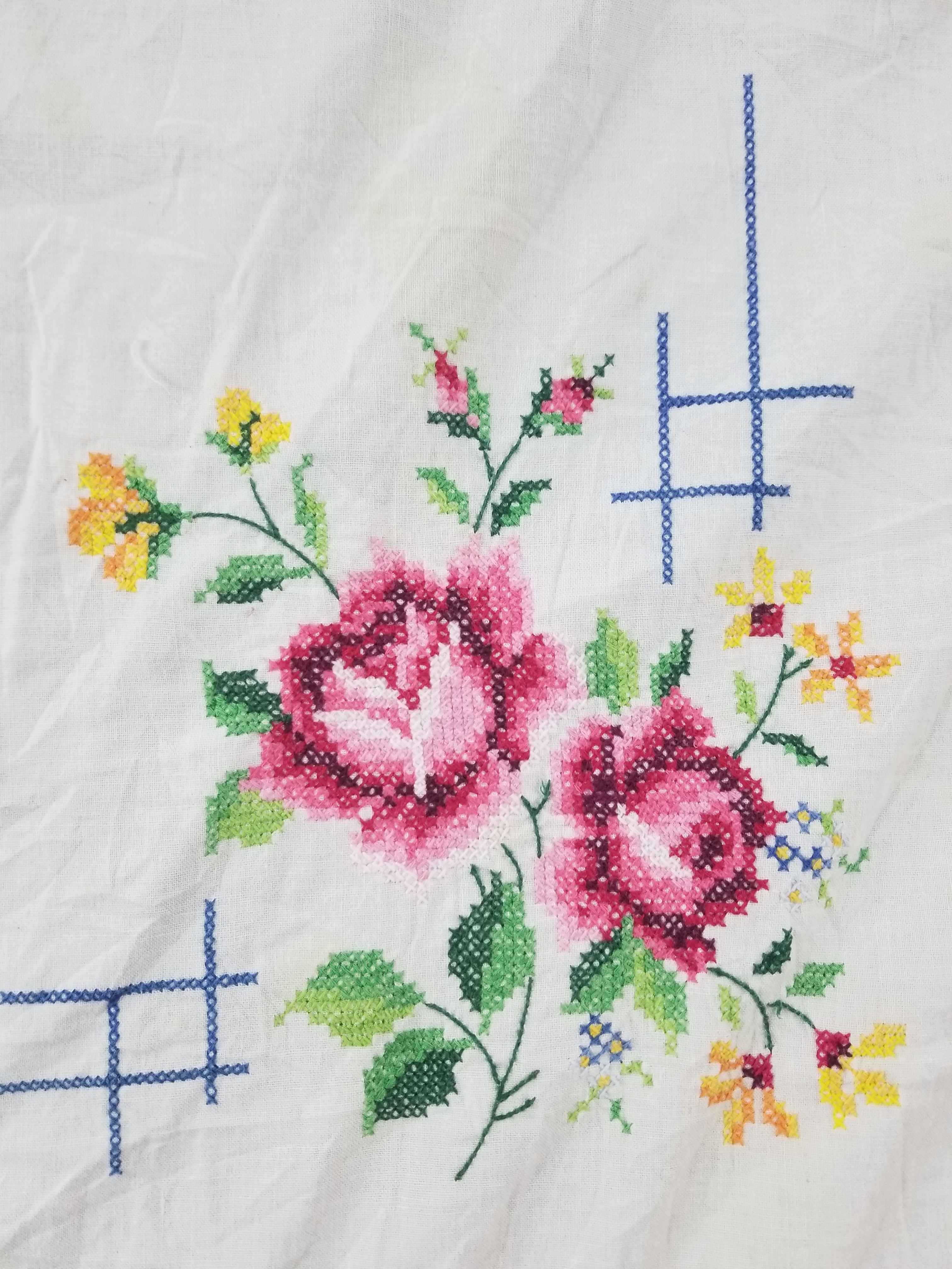 Vintage Traditional Floral Cross Stitch Embroidered Lace Tablecloth 206x157cm