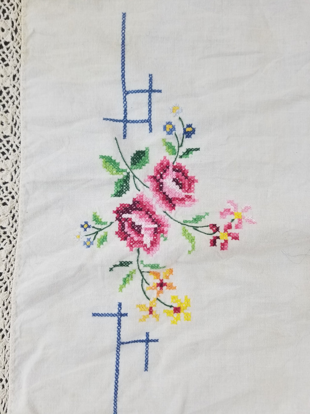 Vintage Traditional Floral Cross Stitch Embroidered Lace Tablecloth 206x157cm