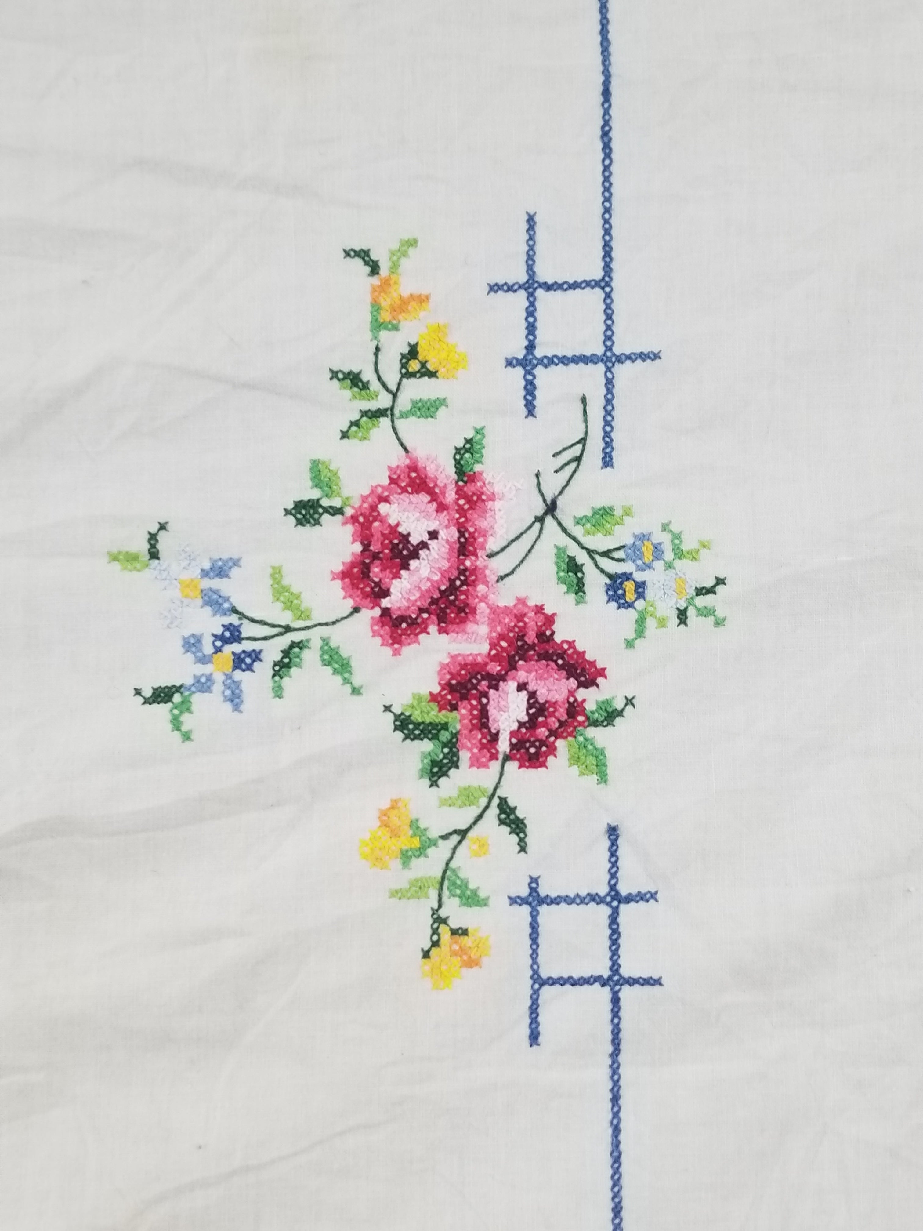 Vintage Traditional Floral Cross Stitch Embroidered Lace Tablecloth 206x157cm