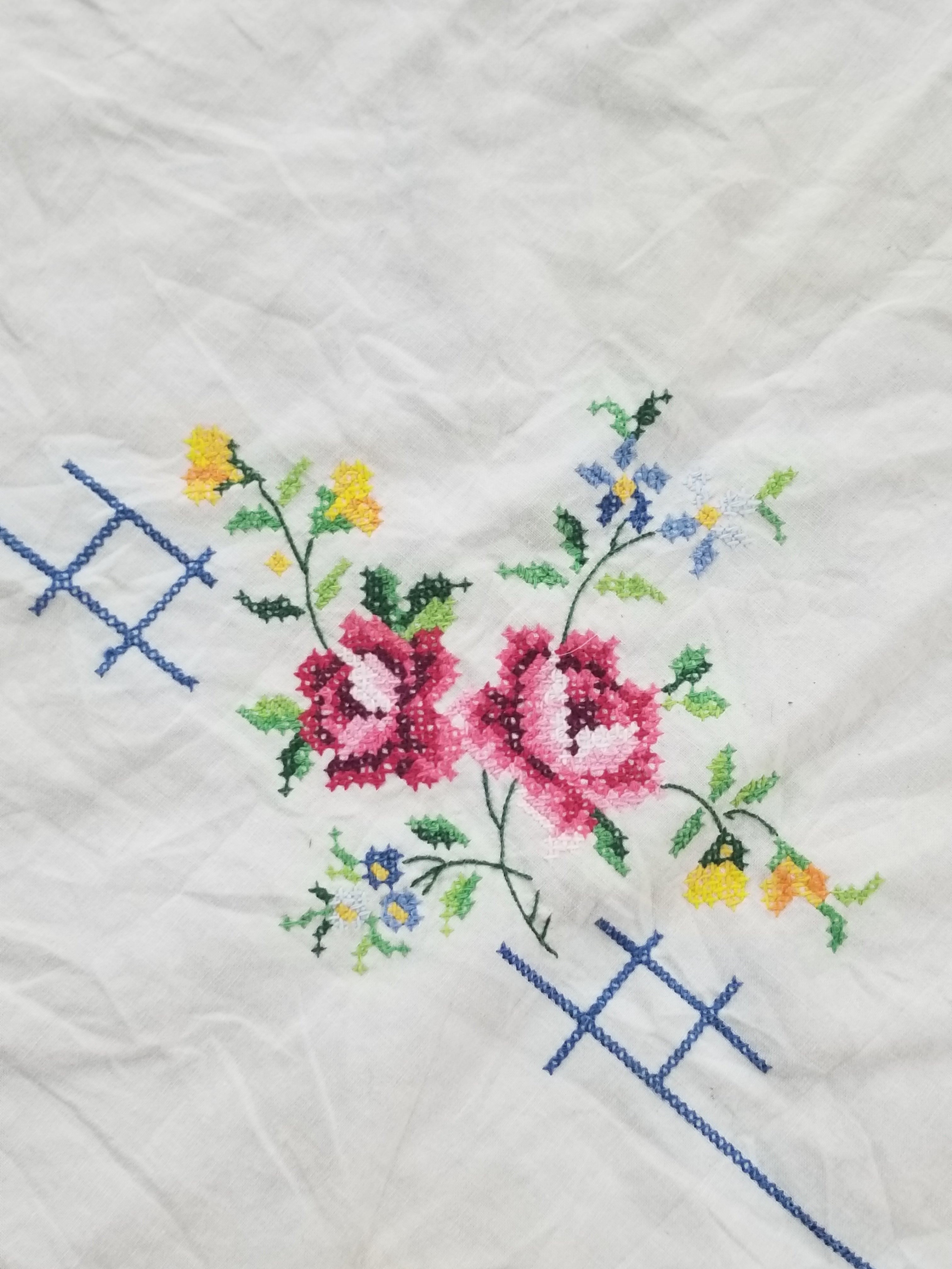 Vintage Traditional Floral Cross Stitch Embroidered Lace Tablecloth 206x157cm