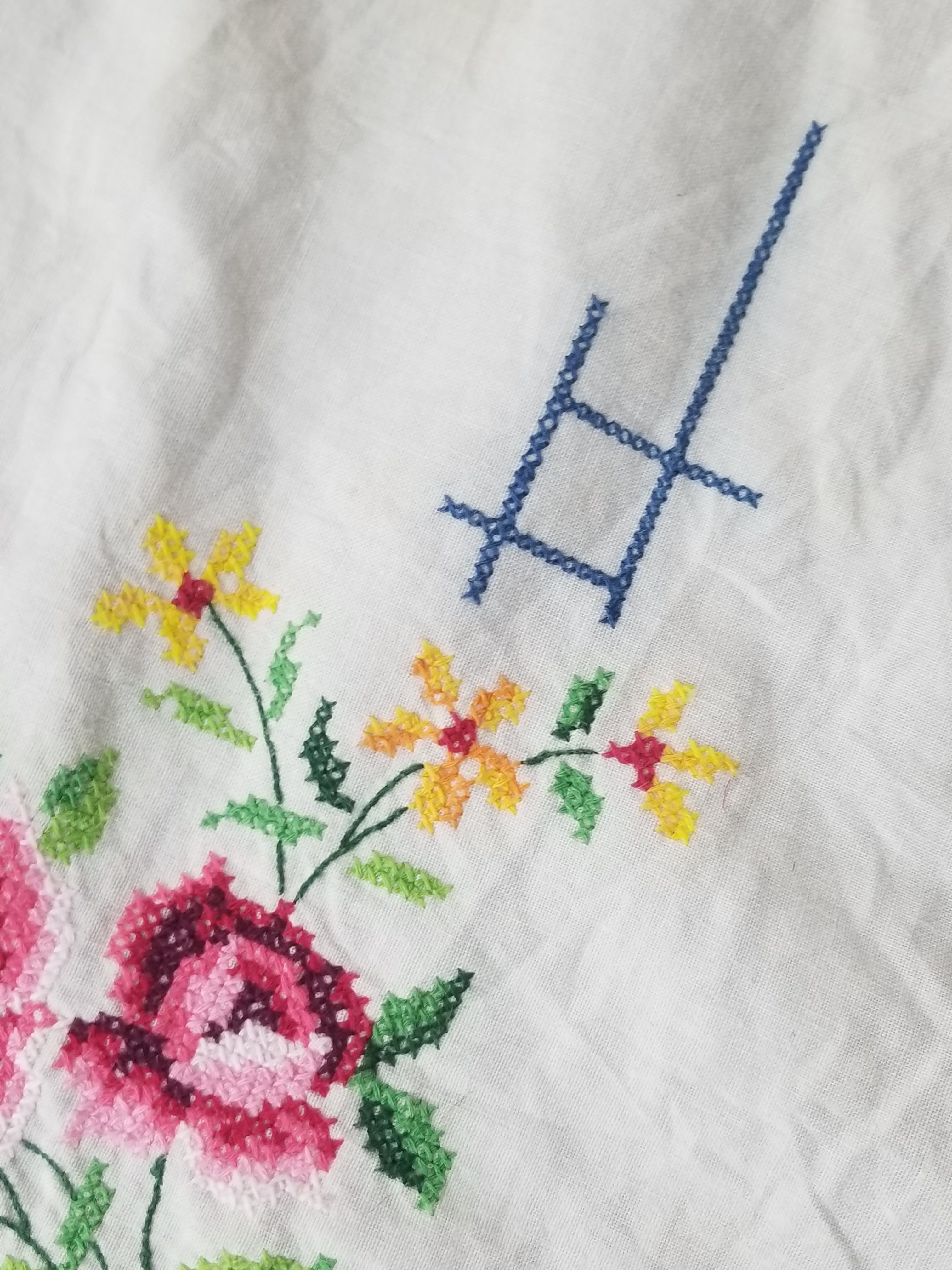 Vintage Traditional Floral Cross Stitch Embroidered Lace Tablecloth 206x157cm