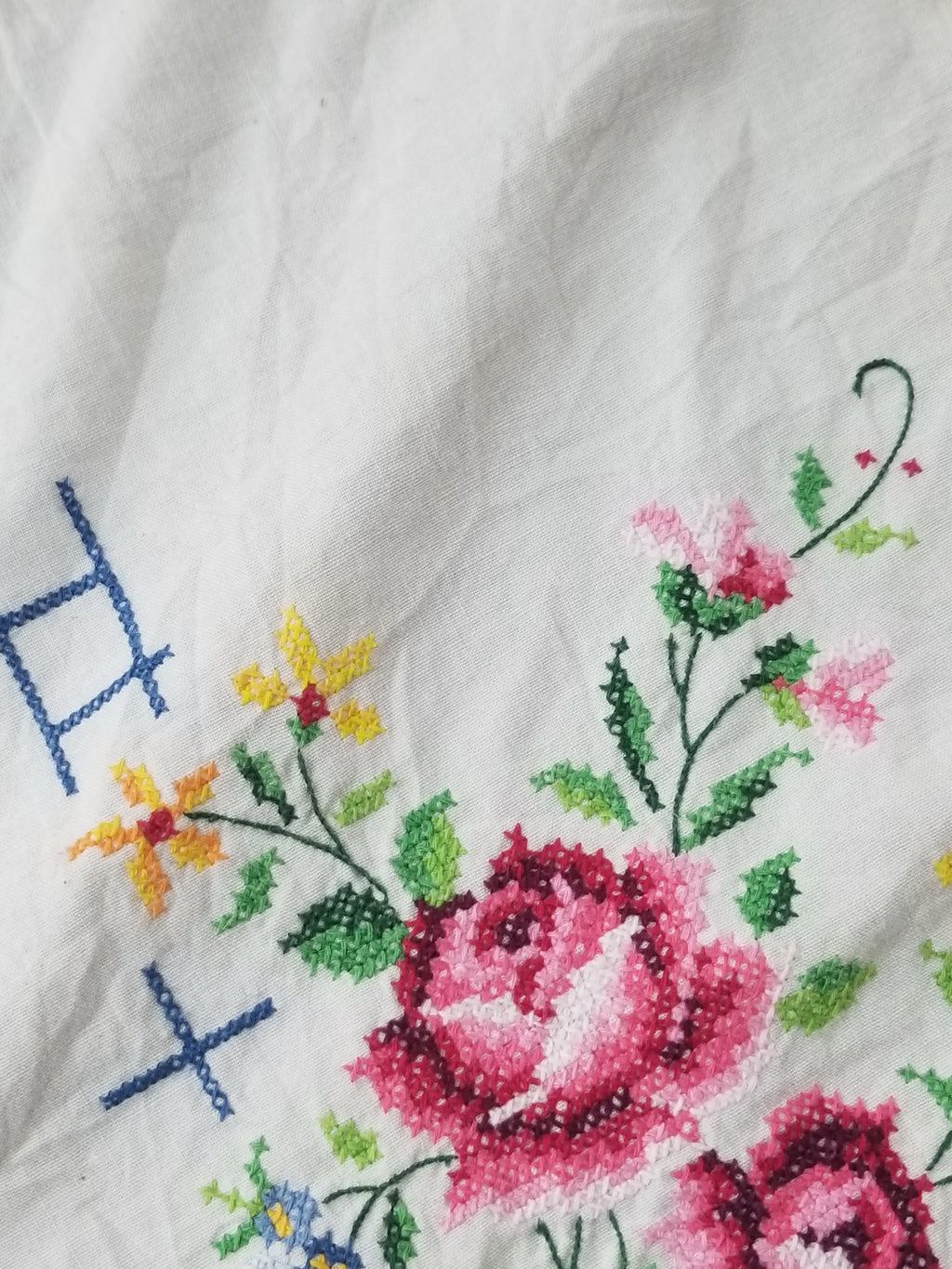 Vintage Traditional Floral Cross Stitch Embroidered Lace Tablecloth 206x157cm