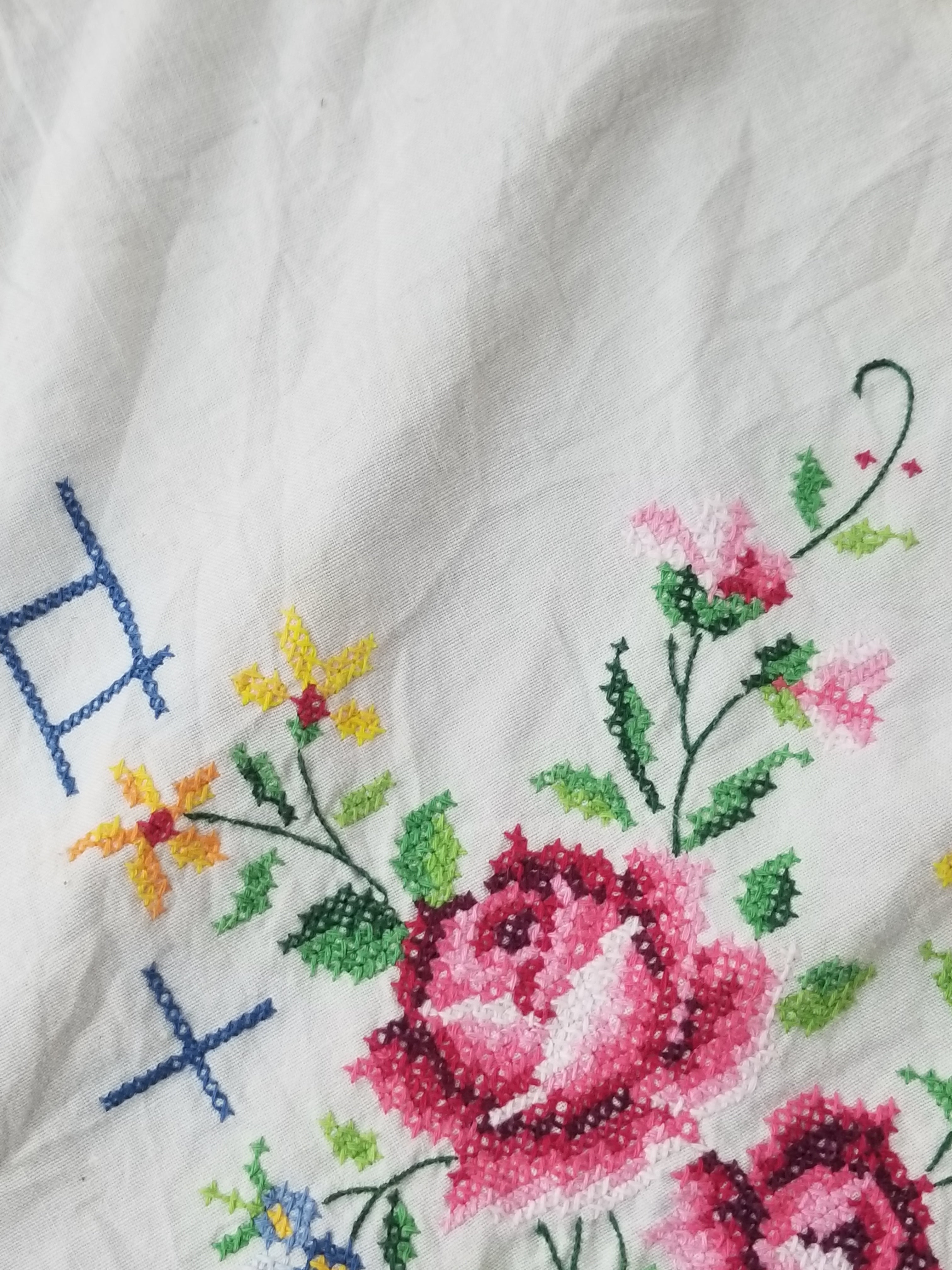 Vintage Traditional Floral Cross Stitch Embroidered Lace Tablecloth 206x157cm