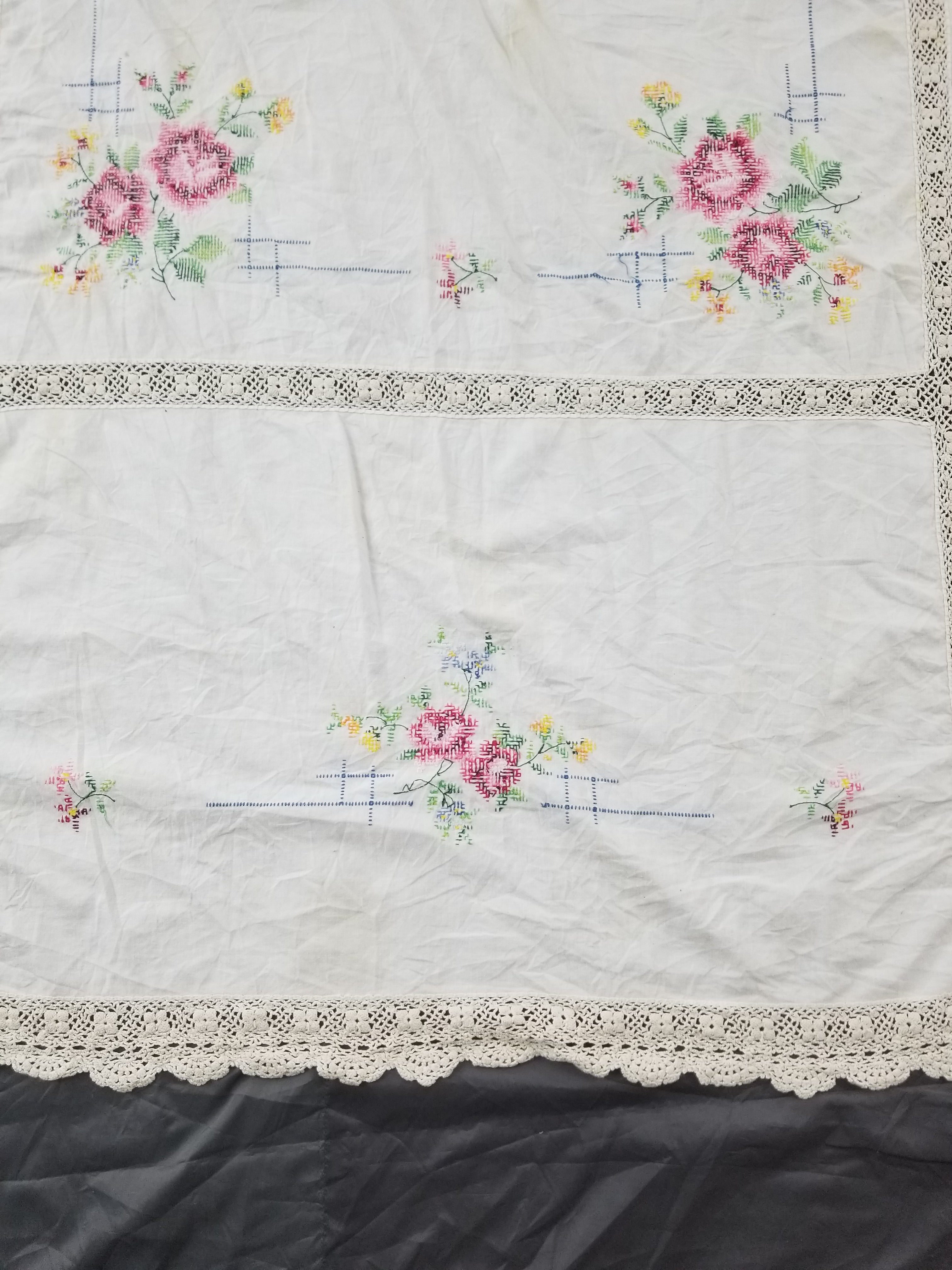 Vintage Traditional Floral Cross Stitch Embroidered Lace Tablecloth 206x157cm