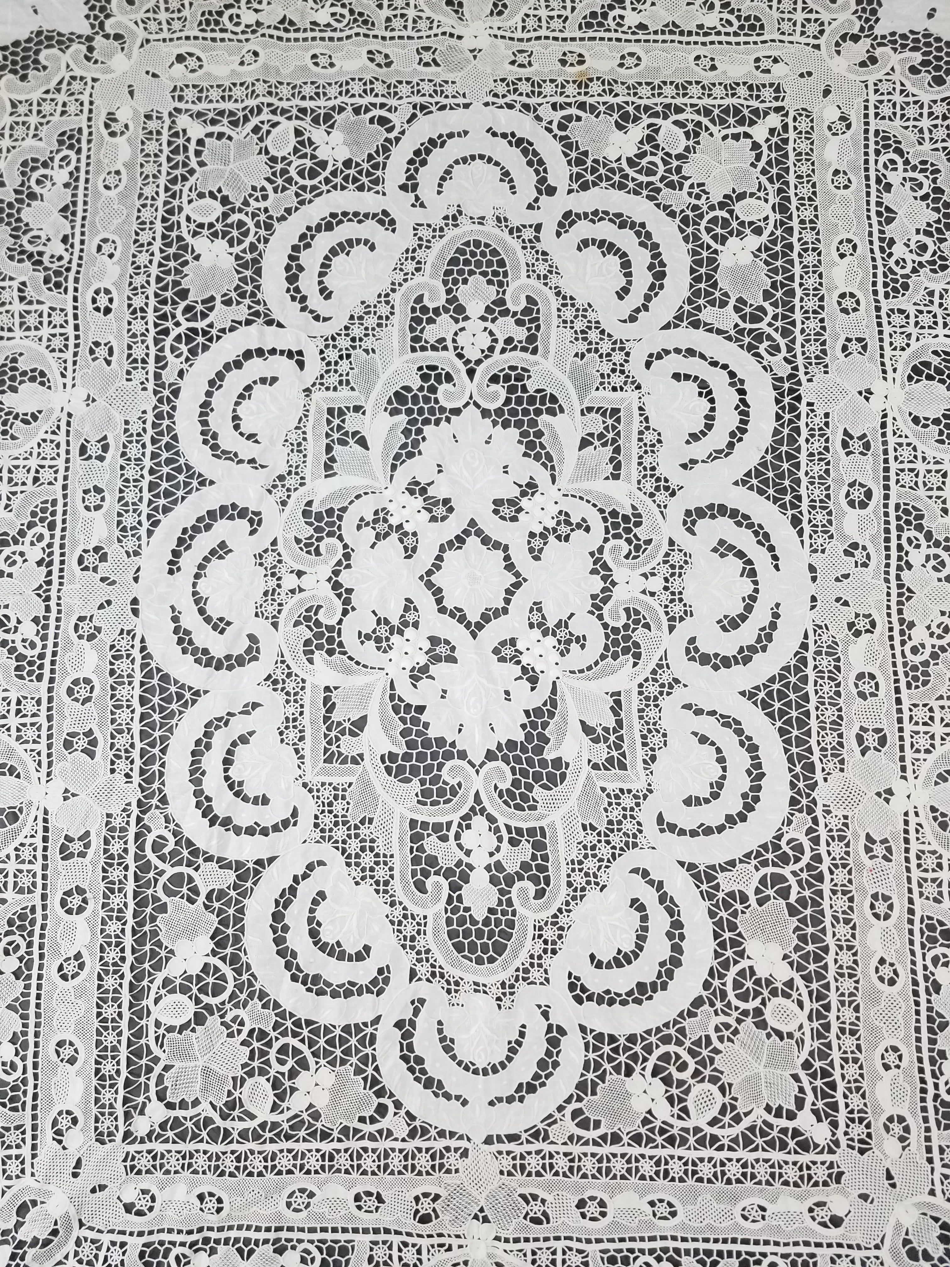 Vintage Italian Point De Venice Needle Lace Banquet Tablecloth 265x225cm
