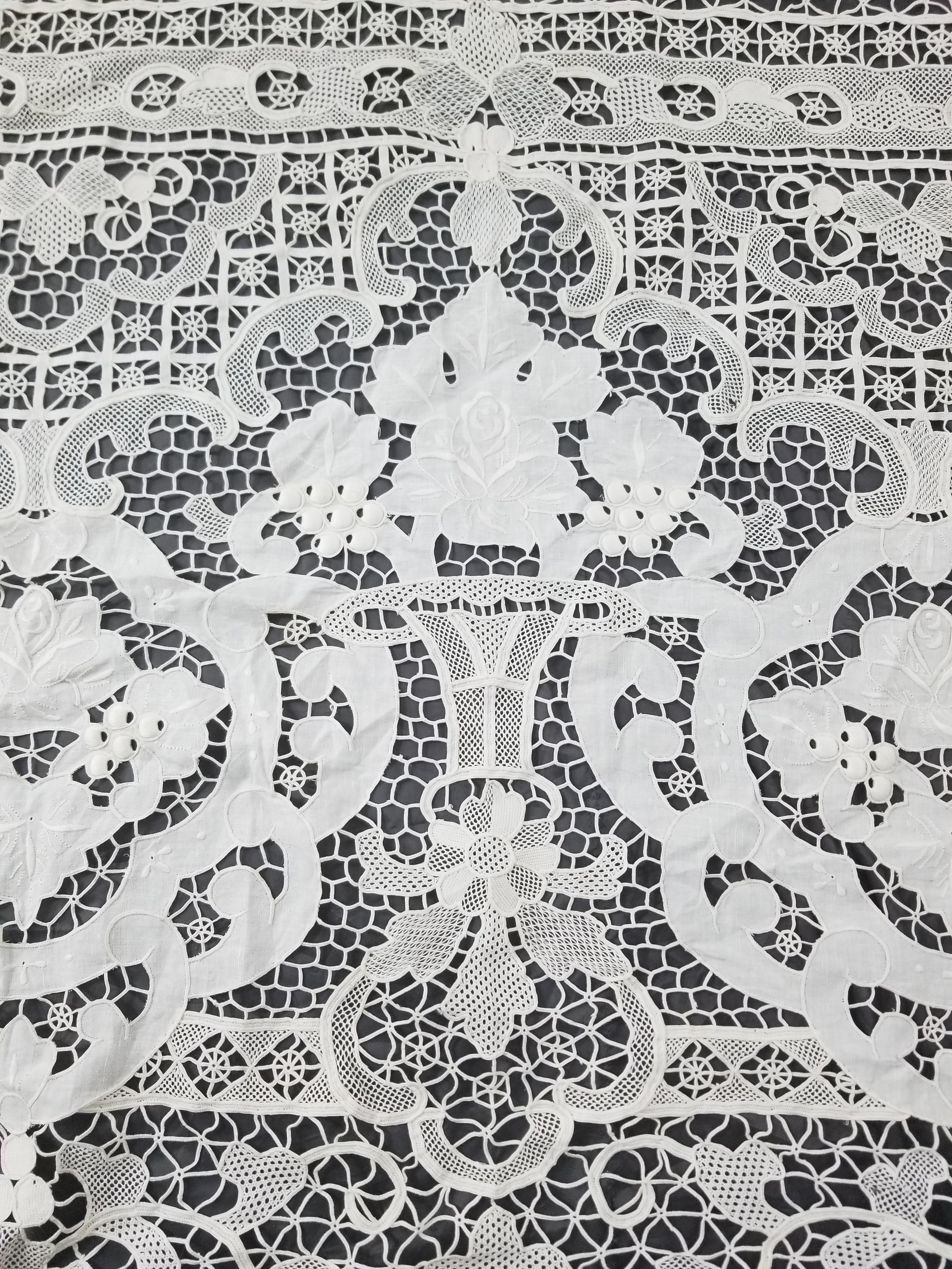 Vintage Italian Point De Venice Needle Lace Banquet Tablecloth 265x225cm