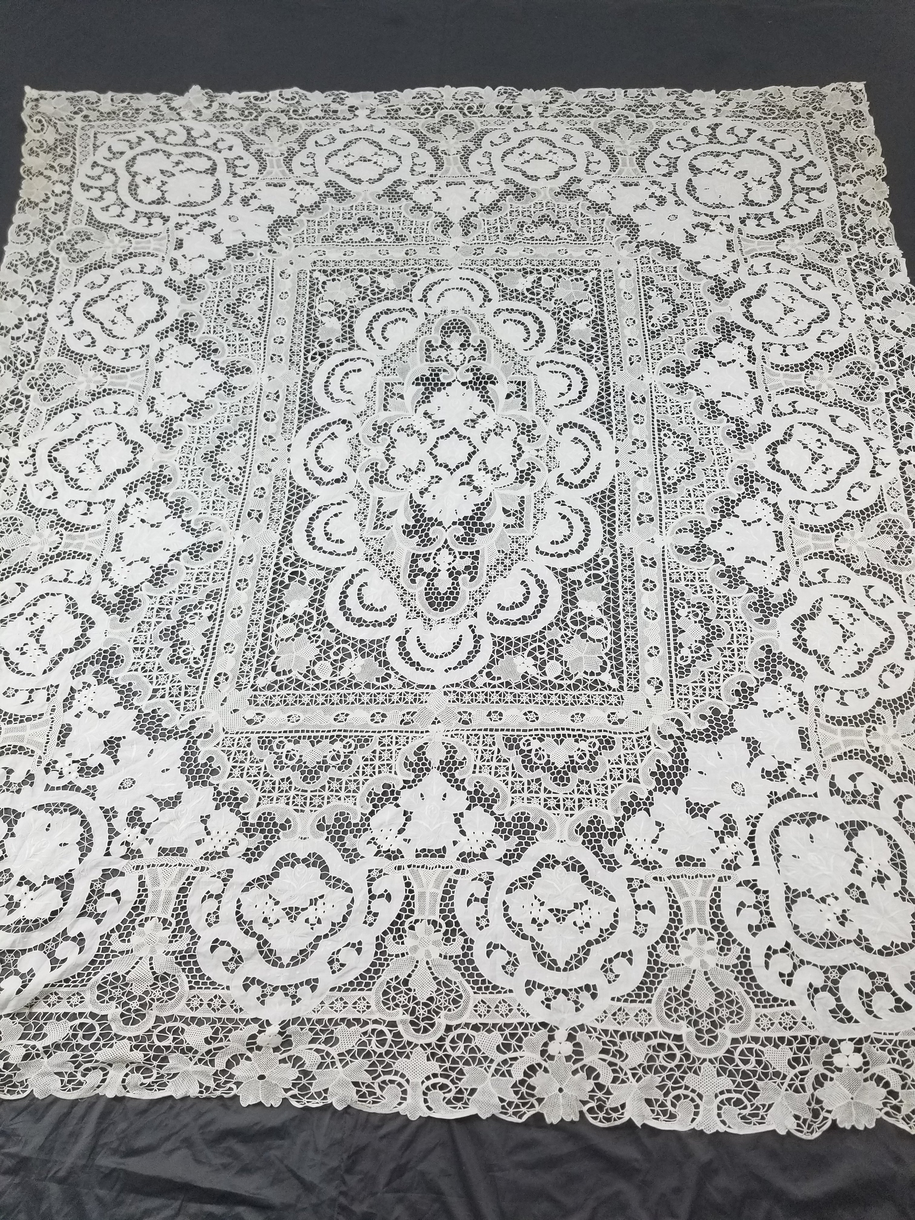 Vintage Italian Point De Venice Needle Lace Banquet Tablecloth 265x225cm