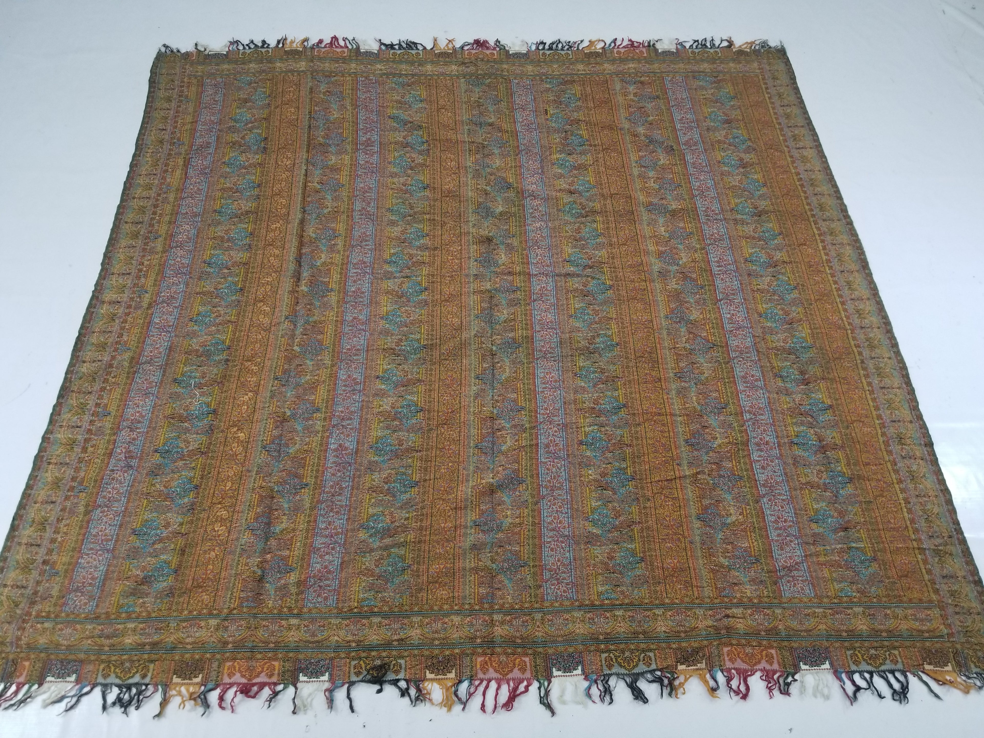 Vintage French Handwoven Intricate Striped Wool Blanket Throw / Shawl 185x175cm