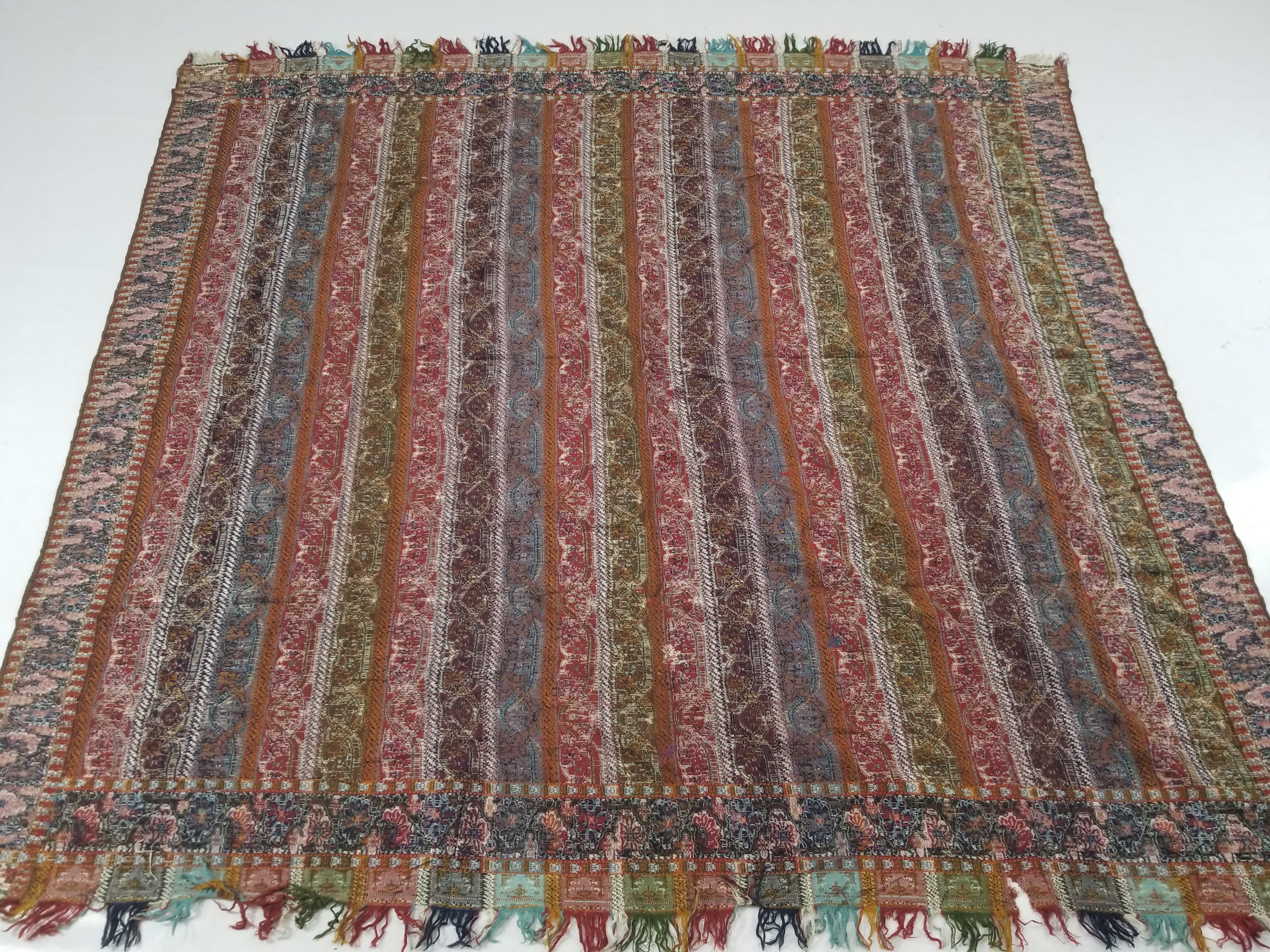 Vintage French Handwoven Intricate Striped Wool Blanket Throw / Shawl 180x170cm