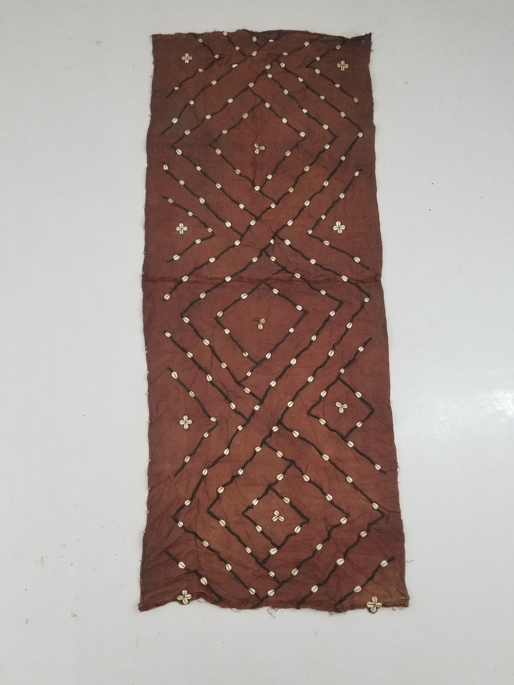 Antique African Cowrie Shells & Embroidered Kuba Cloth Raffia Textile 155x61cm