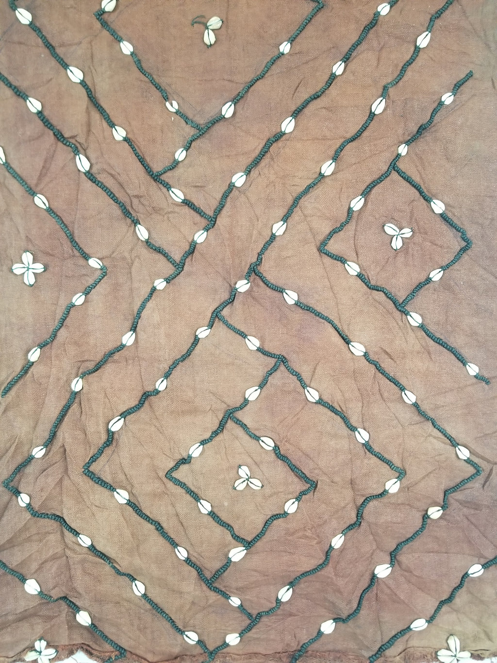 Antique African Cowrie Shells & Embroidered Kuba Cloth Raffia Textile 155x61cm