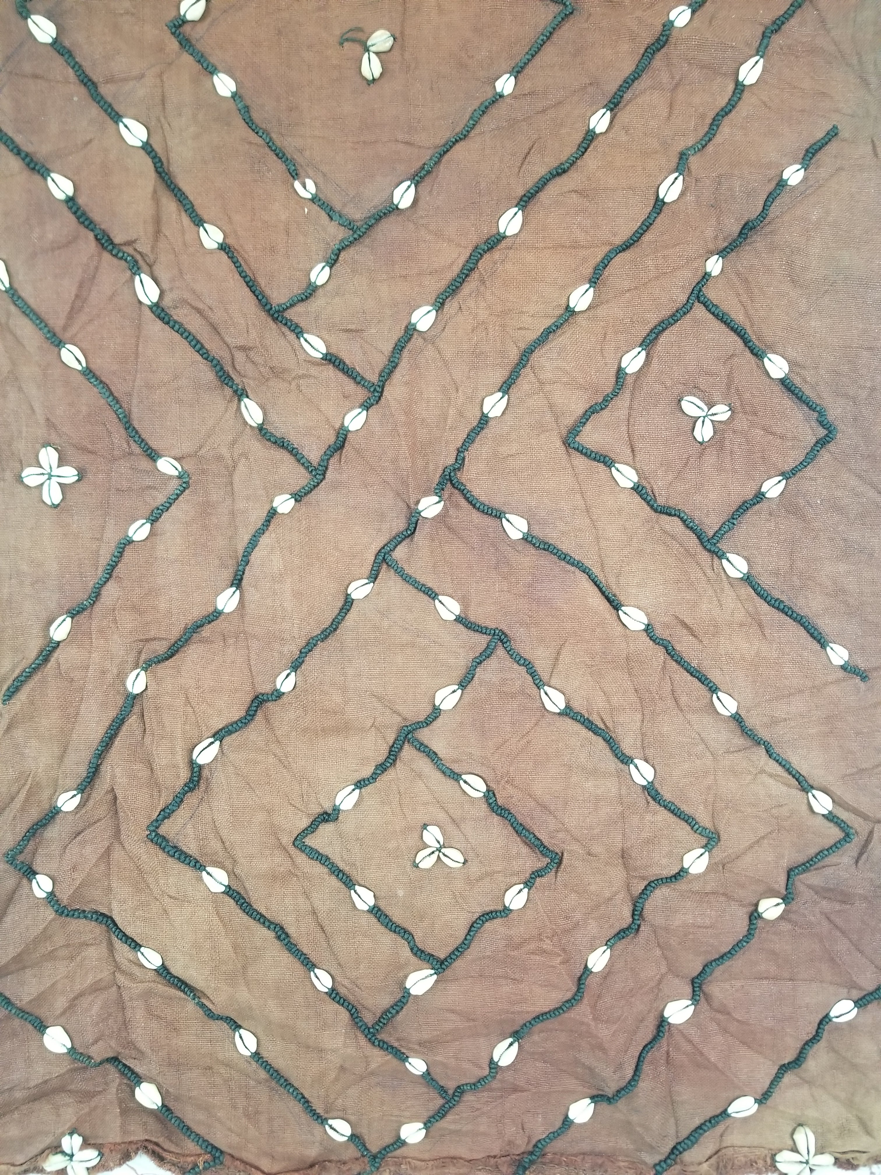 Antique African Cowrie Shells & Embroidered Kuba Cloth Raffia Textile 155x61cm