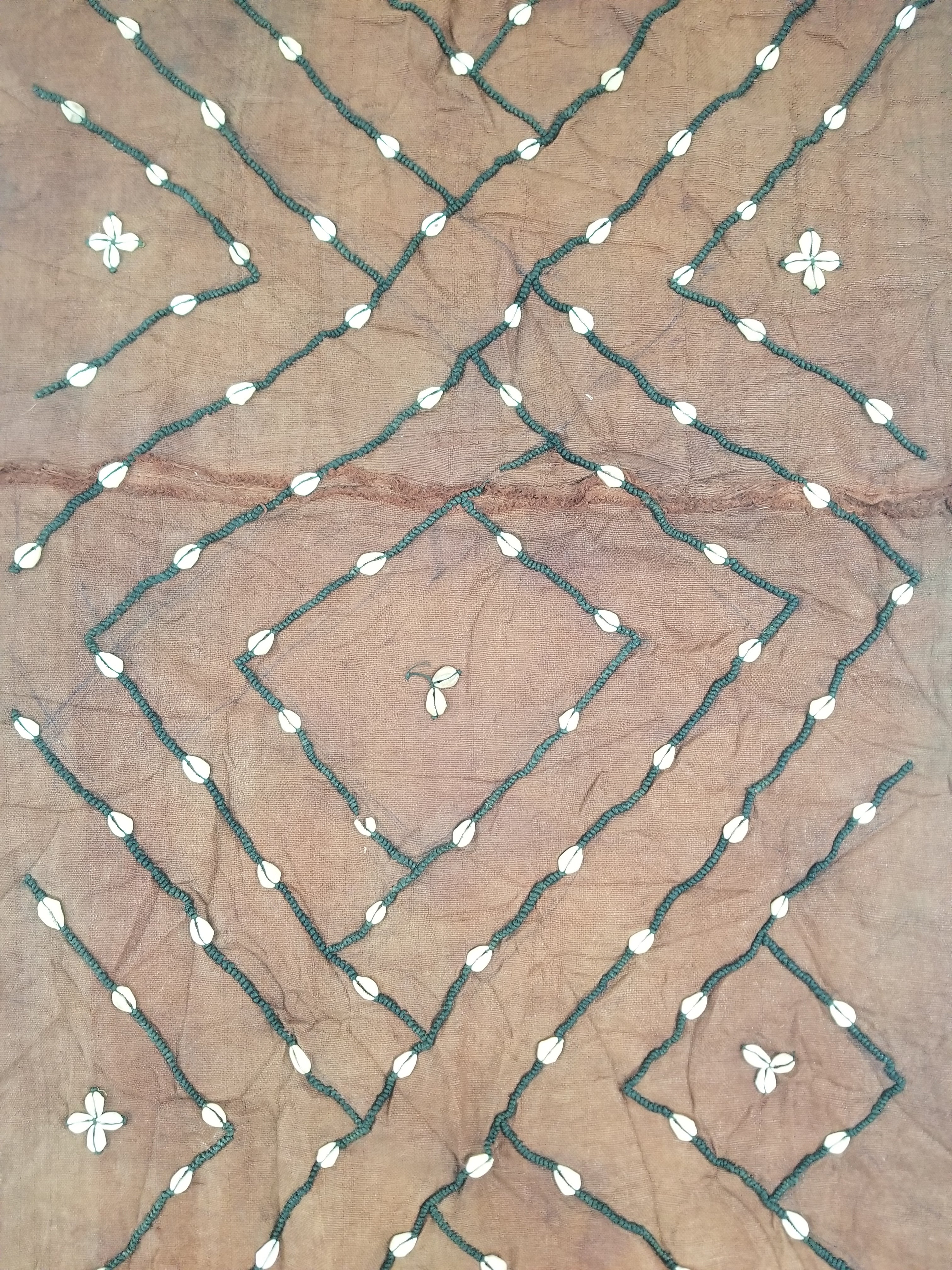 Antique African Cowrie Shells & Embroidered Kuba Cloth Raffia Textile 155x61cm