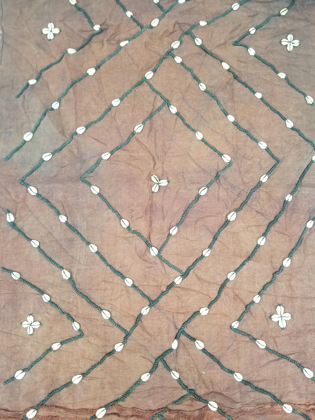 Antique African Cowrie Shells & Embroidered Kuba Cloth Raffia Textile 155x61cm