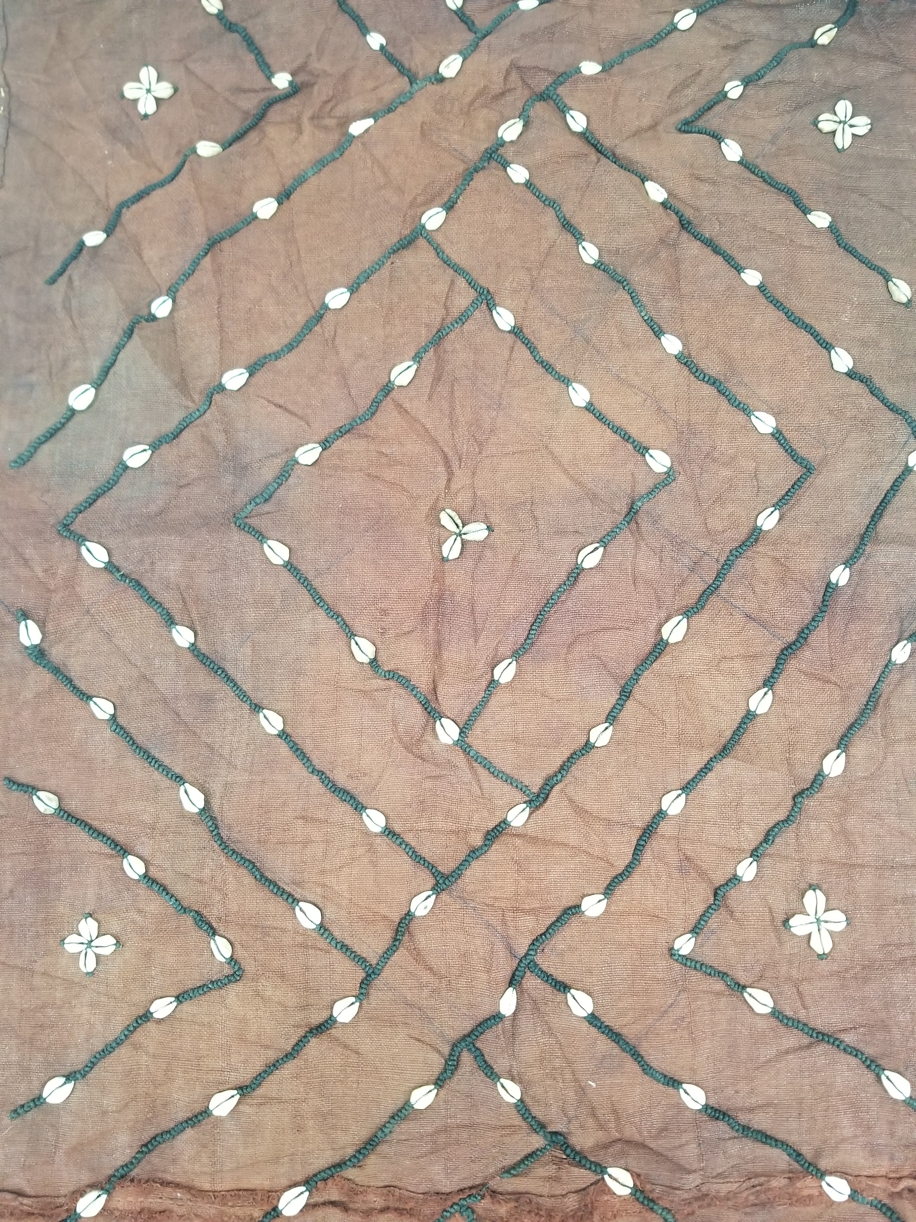 Antique African Cowrie Shells & Embroidered Kuba Cloth Raffia Textile 155x61cm