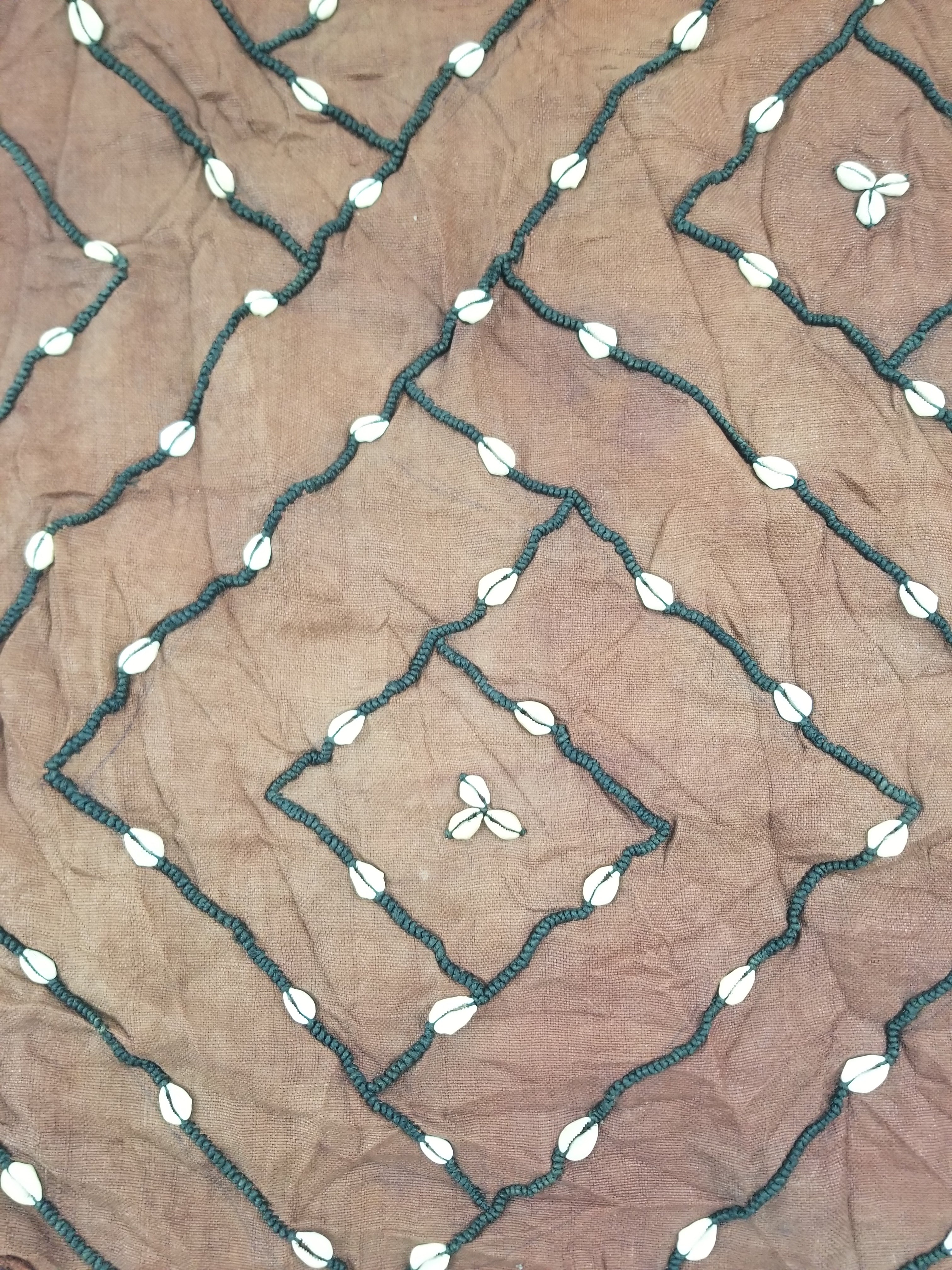 Antique African Cowrie Shells & Embroidered Kuba Cloth Raffia Textile 155x61cm