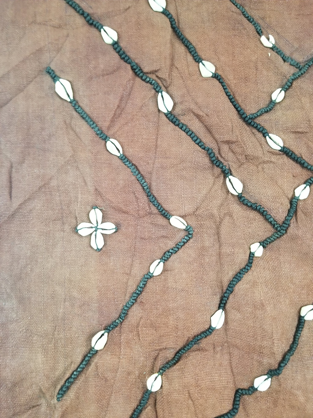 Antique African Cowrie Shells & Embroidered Kuba Cloth Raffia Textile 155x61cm