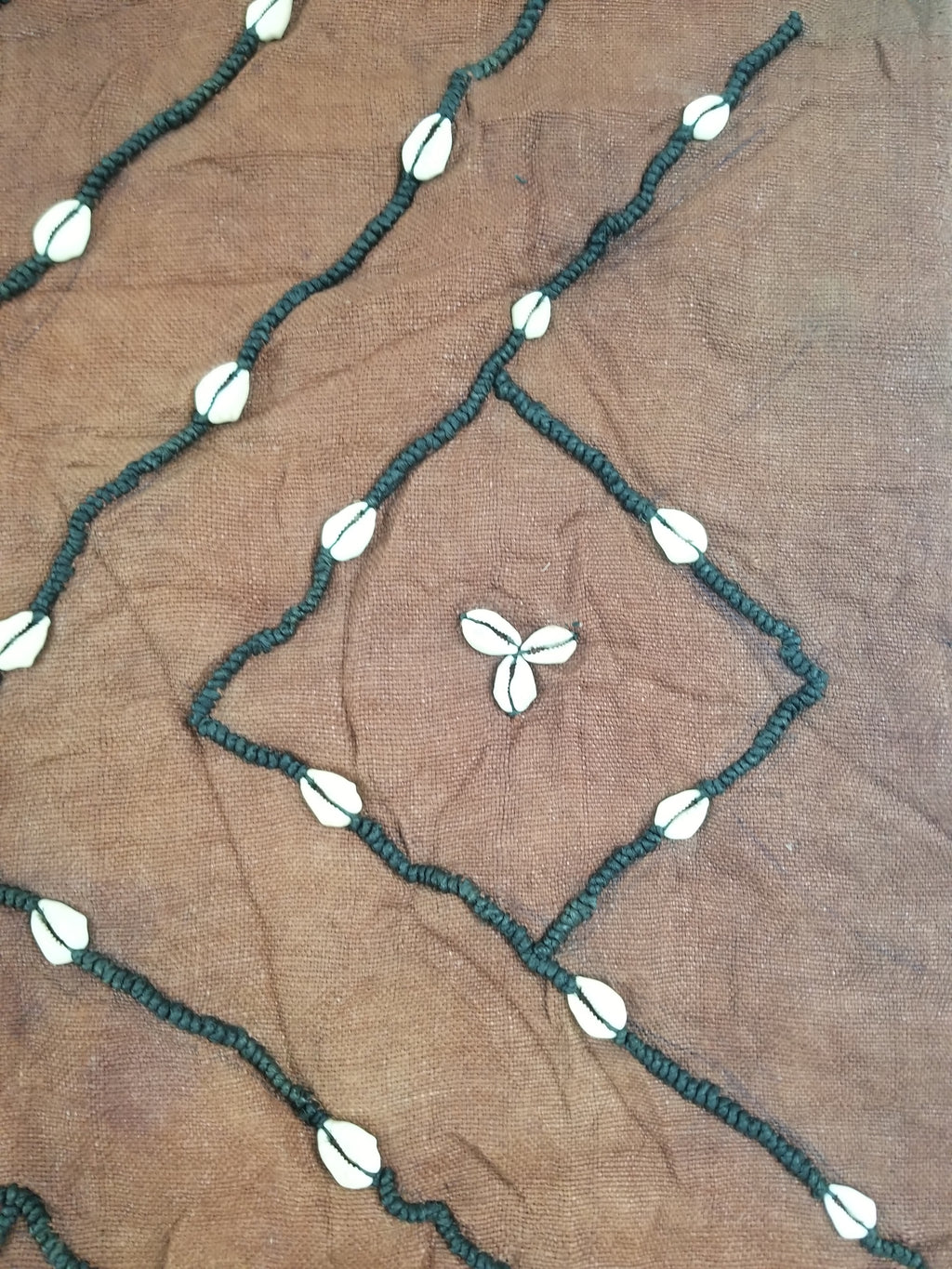 Antique African Cowrie Shells & Embroidered Kuba Cloth Raffia Textile 155x61cm