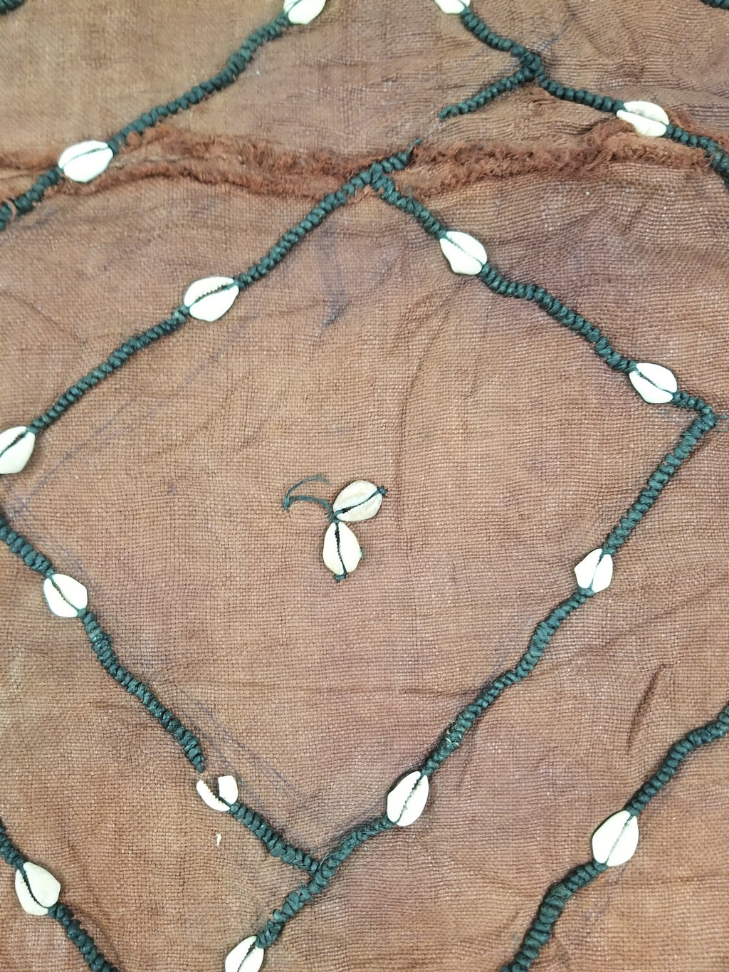 Antique African Cowrie Shells & Embroidered Kuba Cloth Raffia Textile 155x61cm