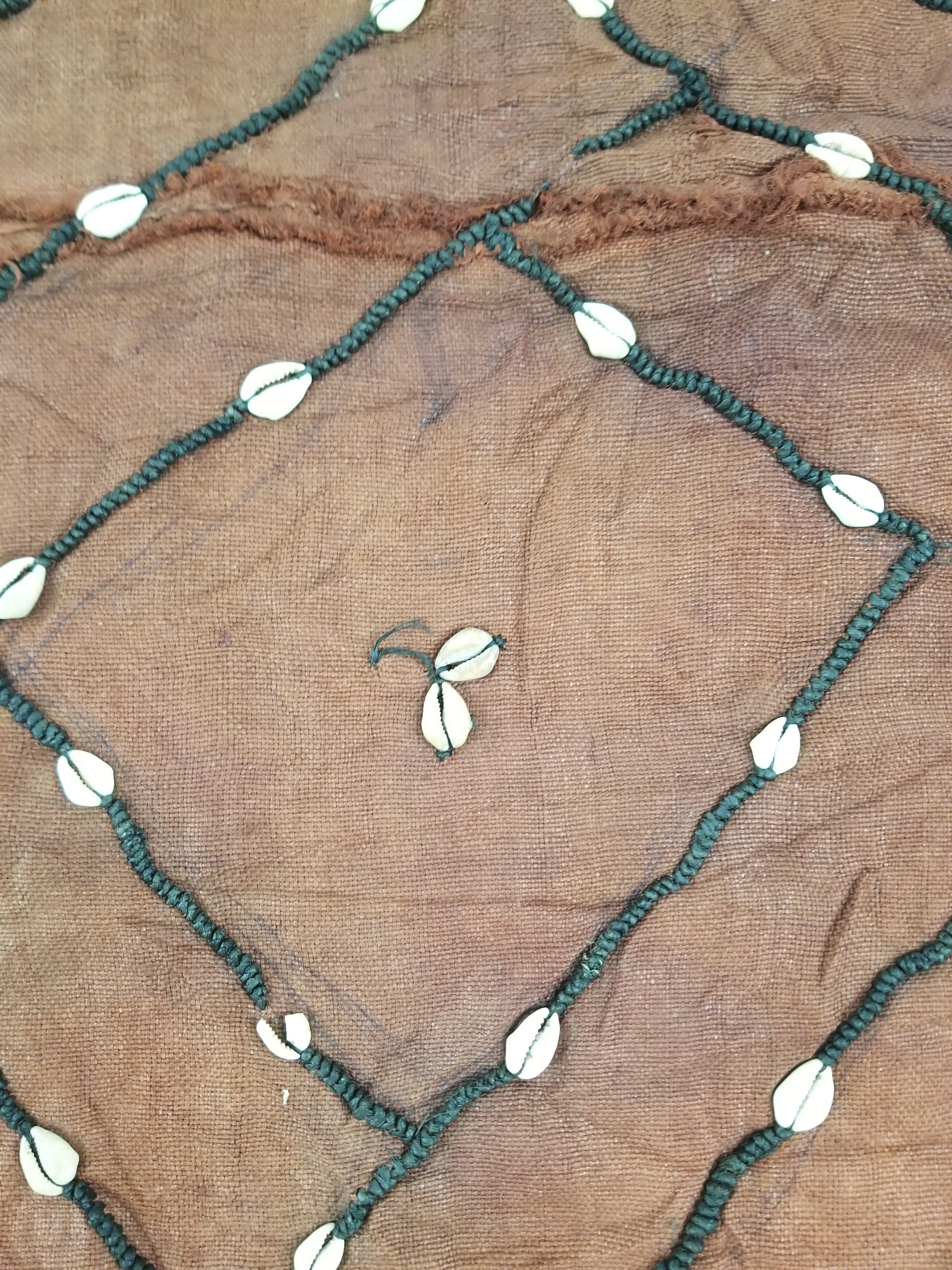 Antique African Cowrie Shells & Embroidered Kuba Cloth Raffia Textile 155x61cm