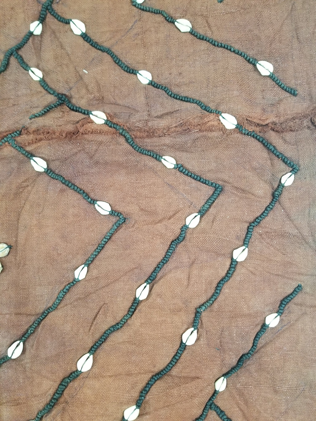 Antique African Cowrie Shells & Embroidered Kuba Cloth Raffia Textile 155x61cm