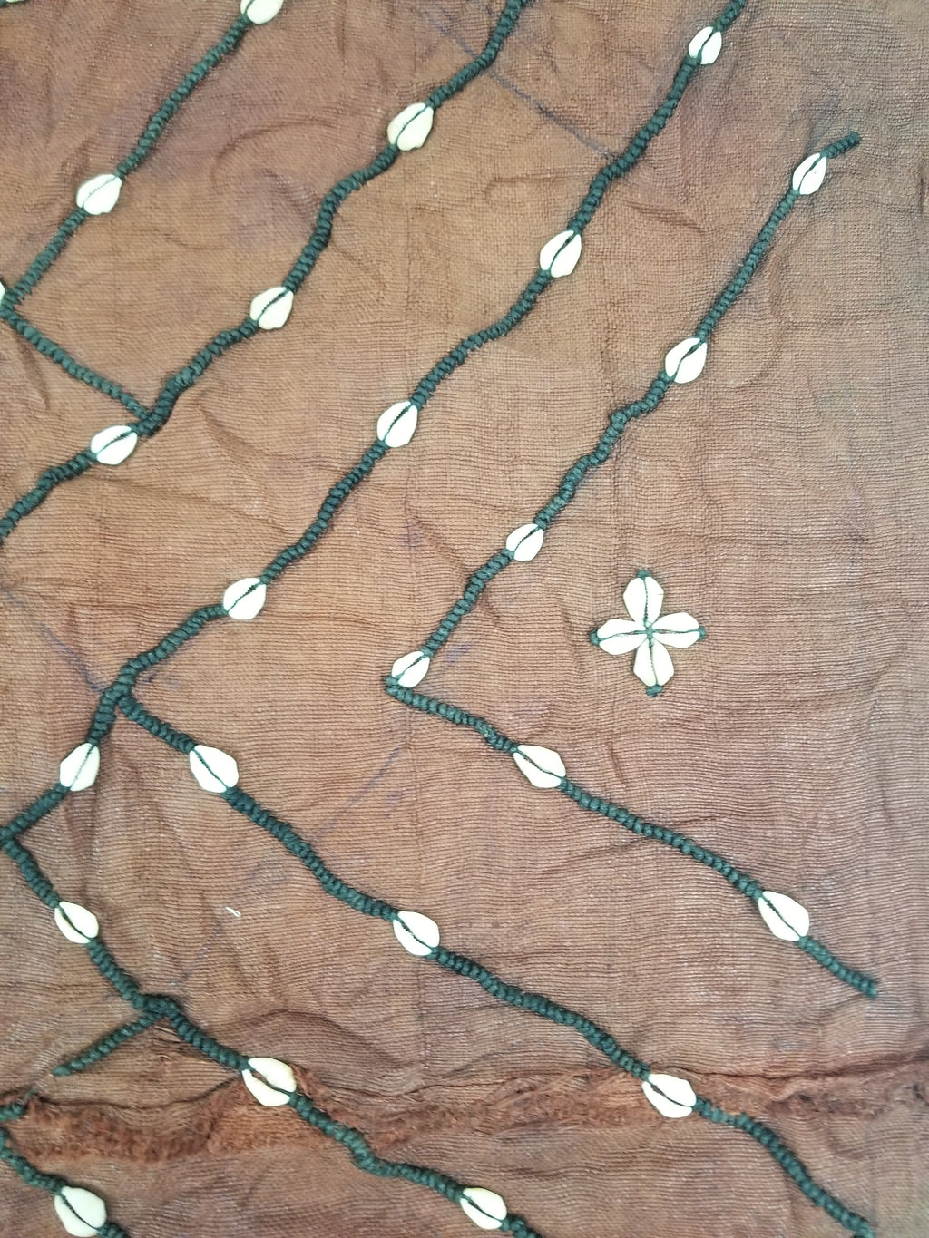 Antique African Cowrie Shells & Embroidered Kuba Cloth Raffia Textile 155x61cm