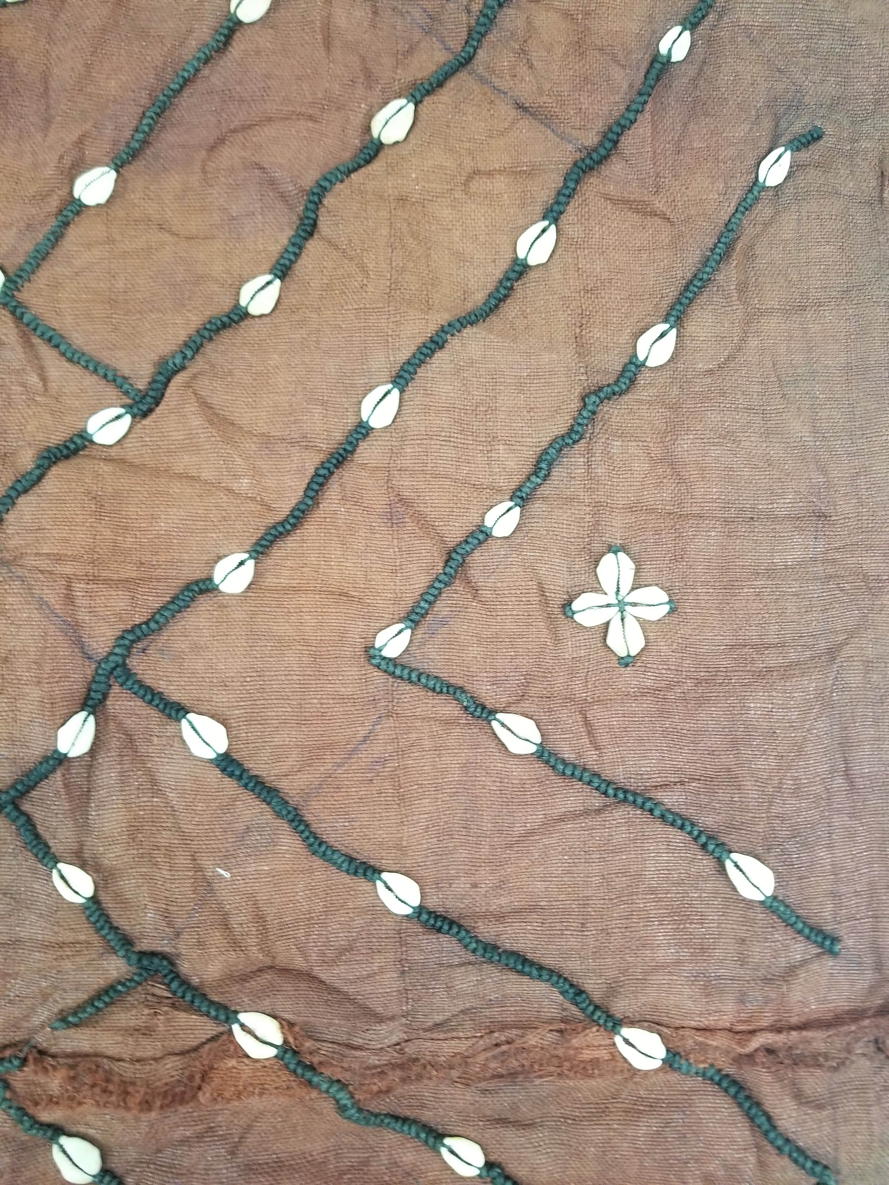 Antique African Cowrie Shells & Embroidered Kuba Cloth Raffia Textile 155x61cm