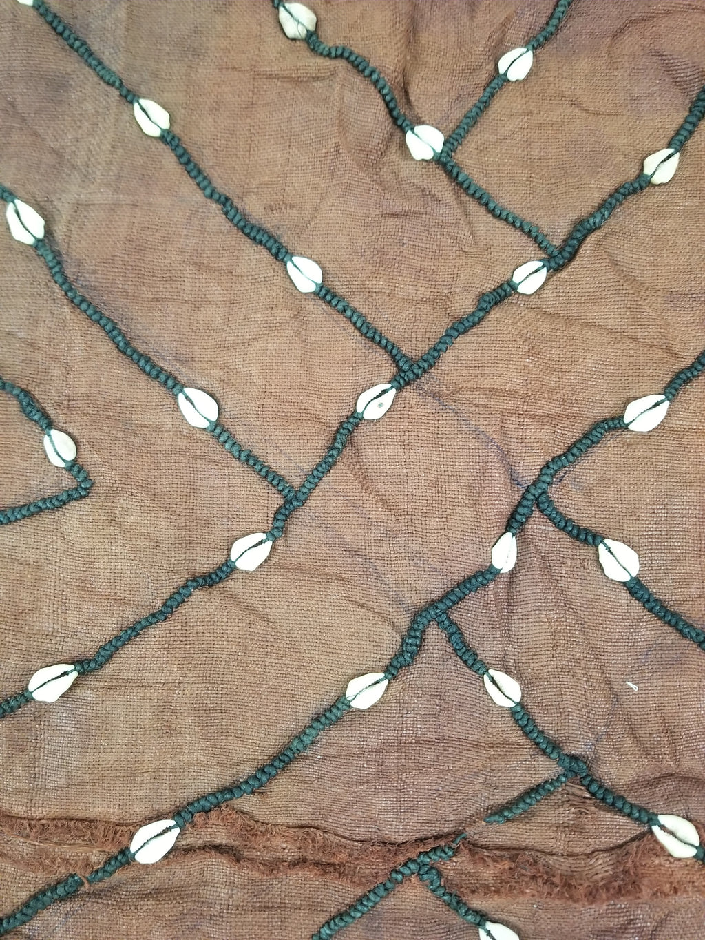 Antique African Cowrie Shells & Embroidered Kuba Cloth Raffia Textile 155x61cm