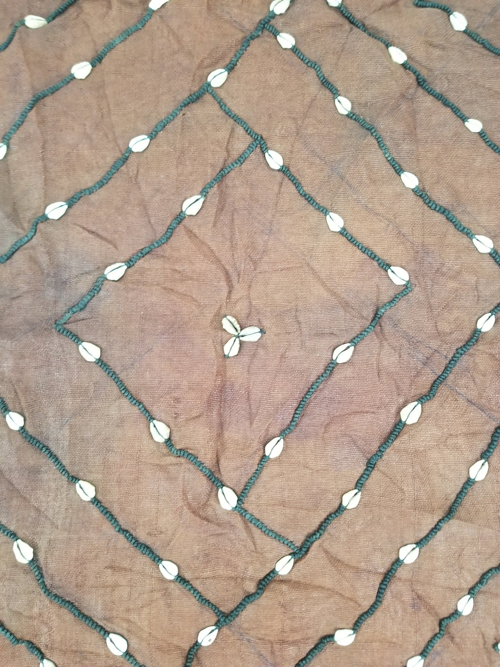 Antique African Cowrie Shells & Embroidered Kuba Cloth Raffia Textile 155x61cm