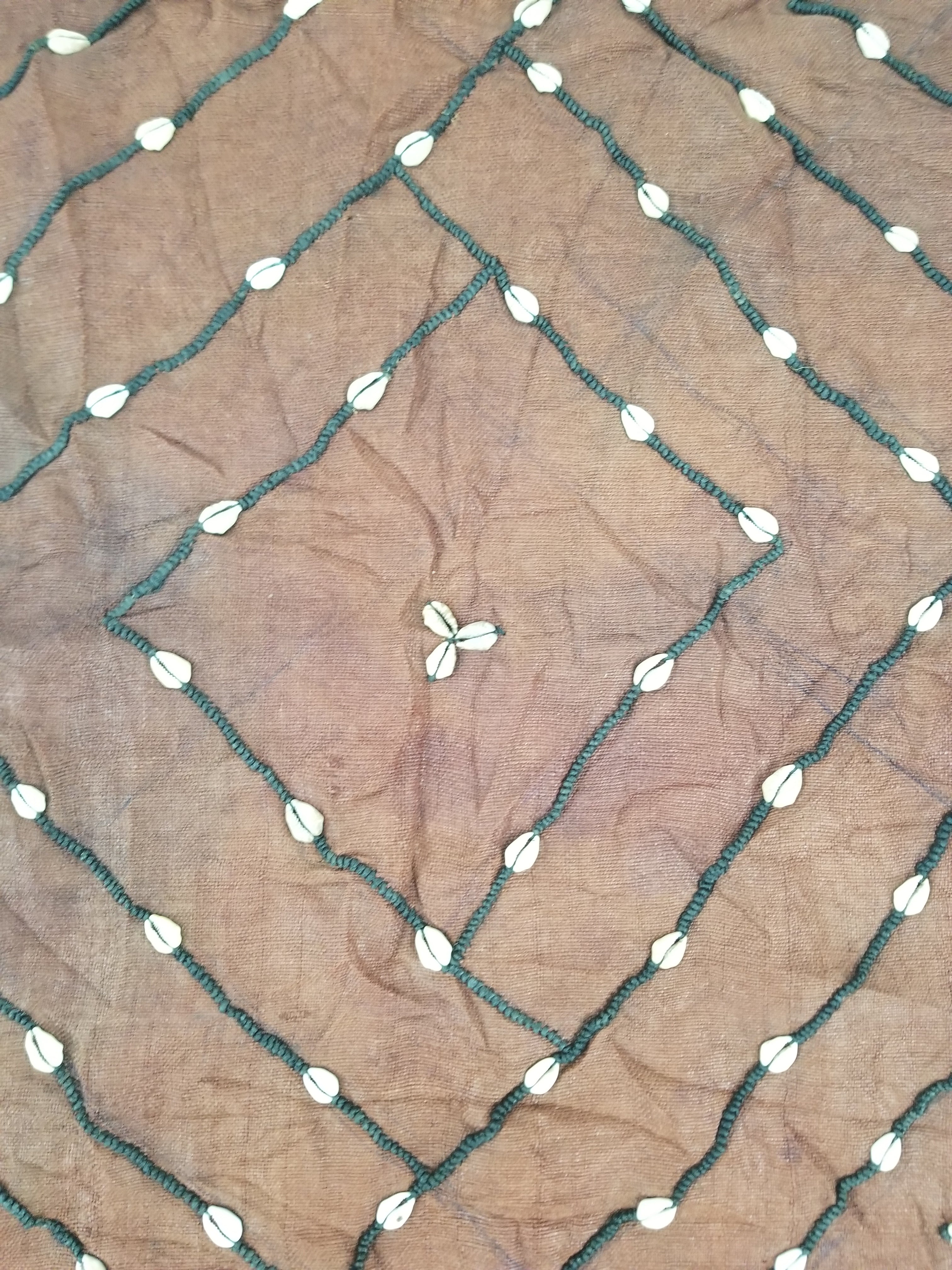 Antique African Cowrie Shells & Embroidered Kuba Cloth Raffia Textile 155x61cm