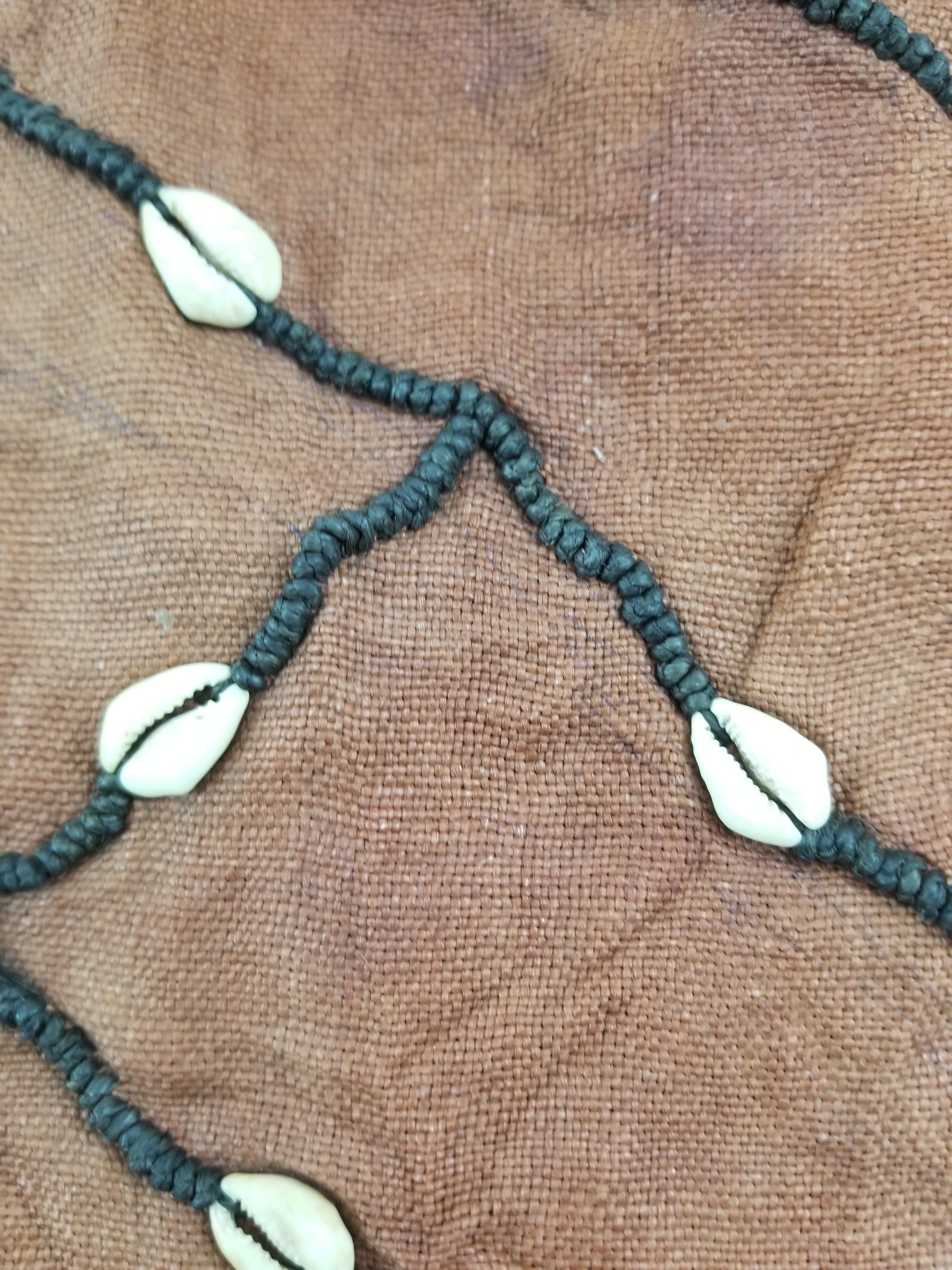 Antique African Cowrie Shells & Embroidered Kuba Cloth Raffia Textile 155x61cm