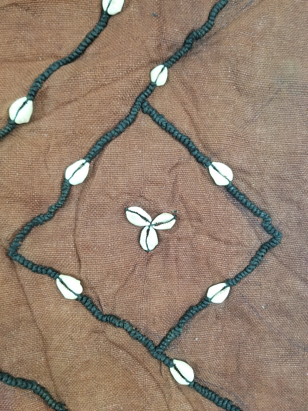 Antique African Cowrie Shells & Embroidered Kuba Cloth Raffia Textile 155x61cm