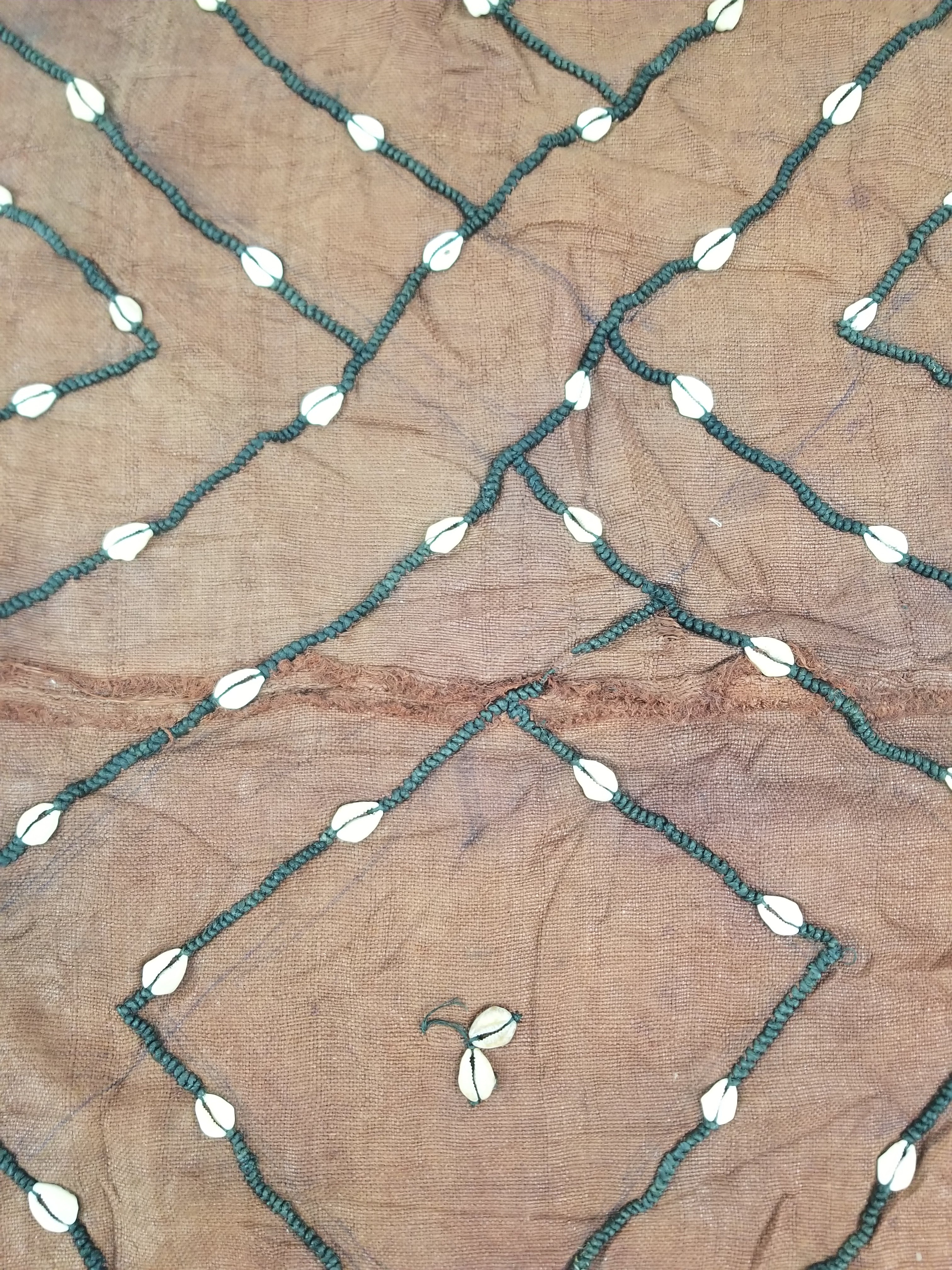 Antique African Cowrie Shells & Embroidered Kuba Cloth Raffia Textile 155x61cm