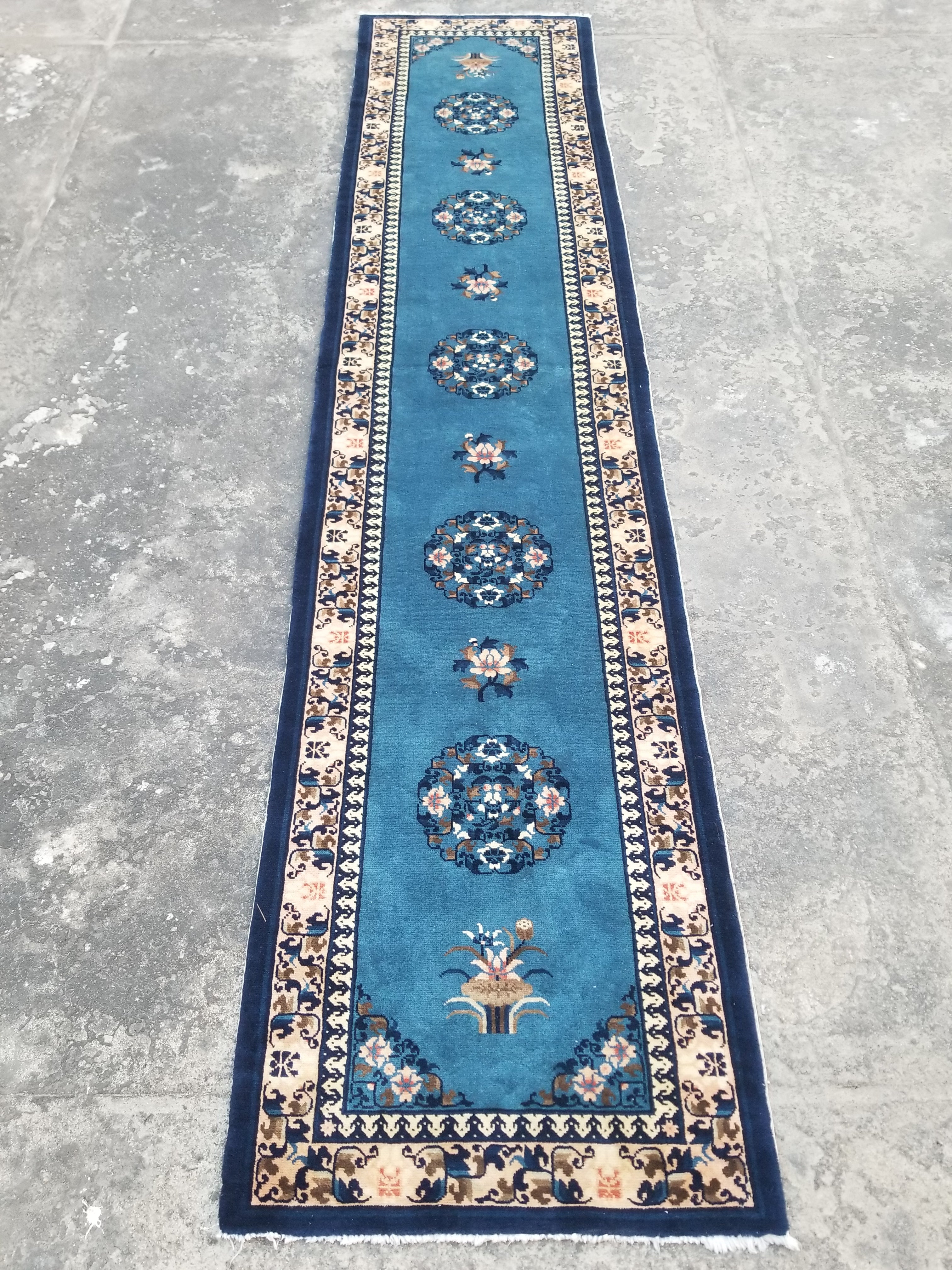 Antique Traditional Handmade Chinese Art Deco Wool Runner Rug 360x78cm