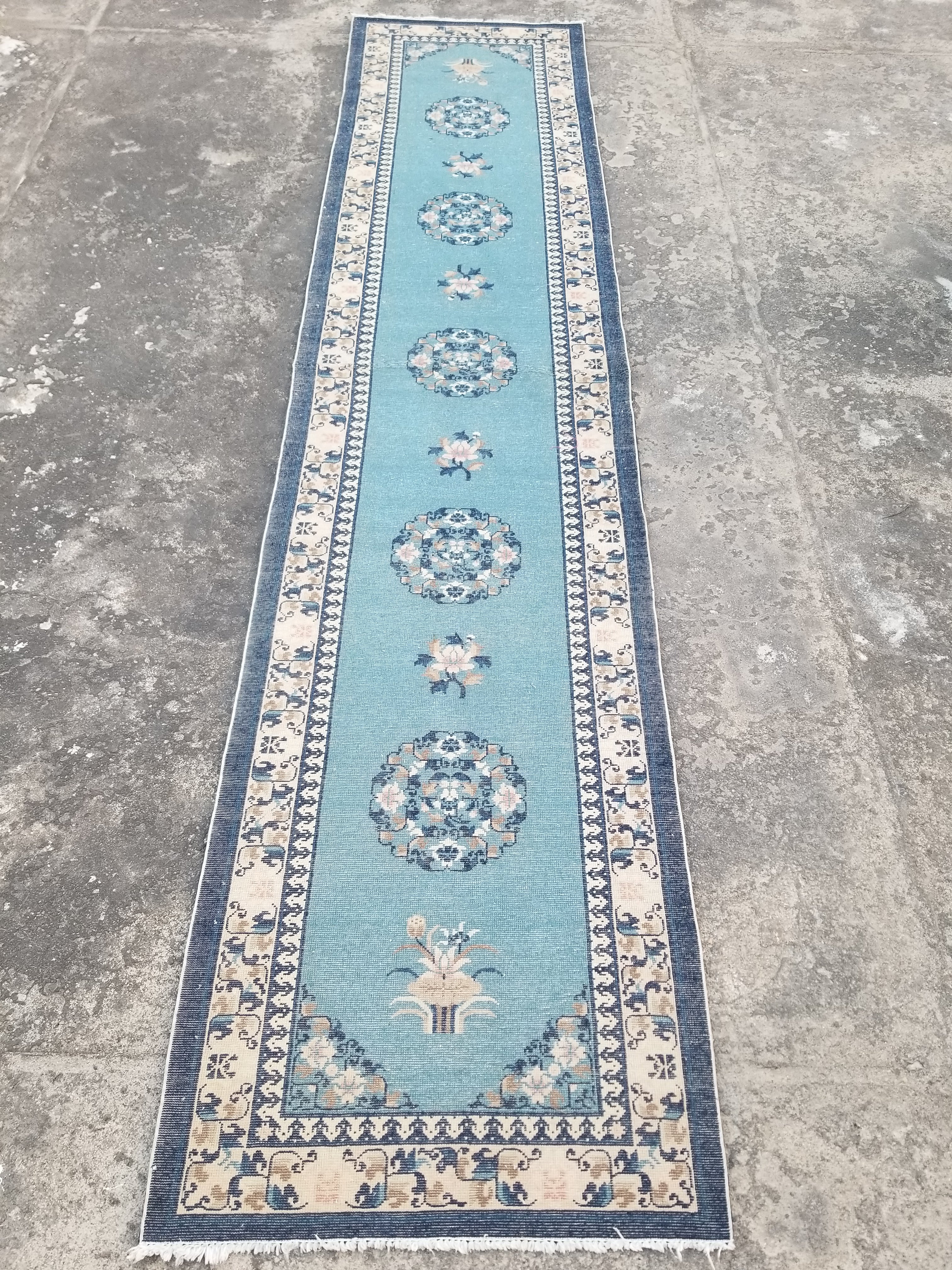 Antique Traditional Handmade Chinese Art Deco Wool Runner Rug 360x78cm