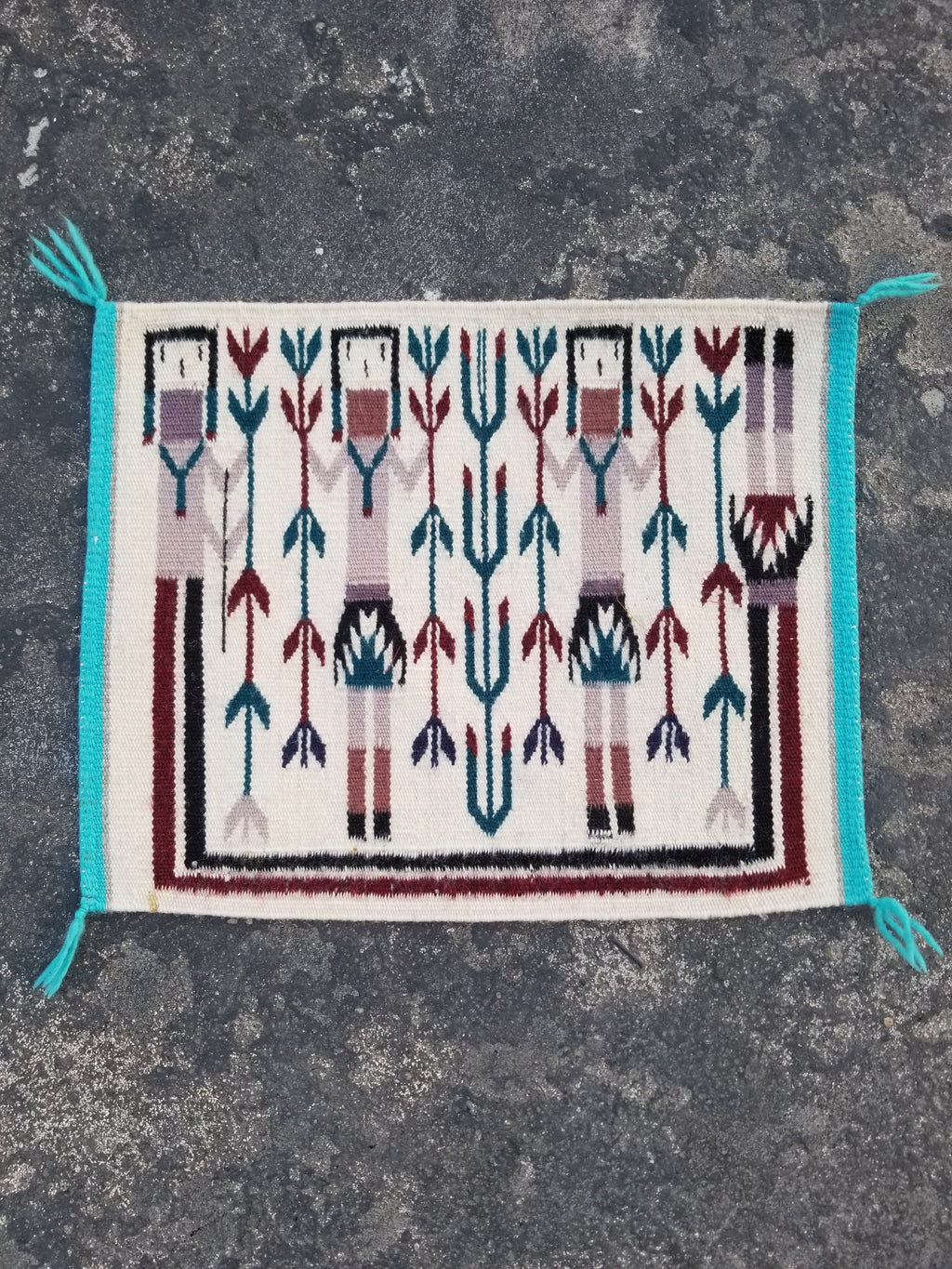 Vintage Traditional Handmade Native American Navajo Yei Wool Rug 47x38cm