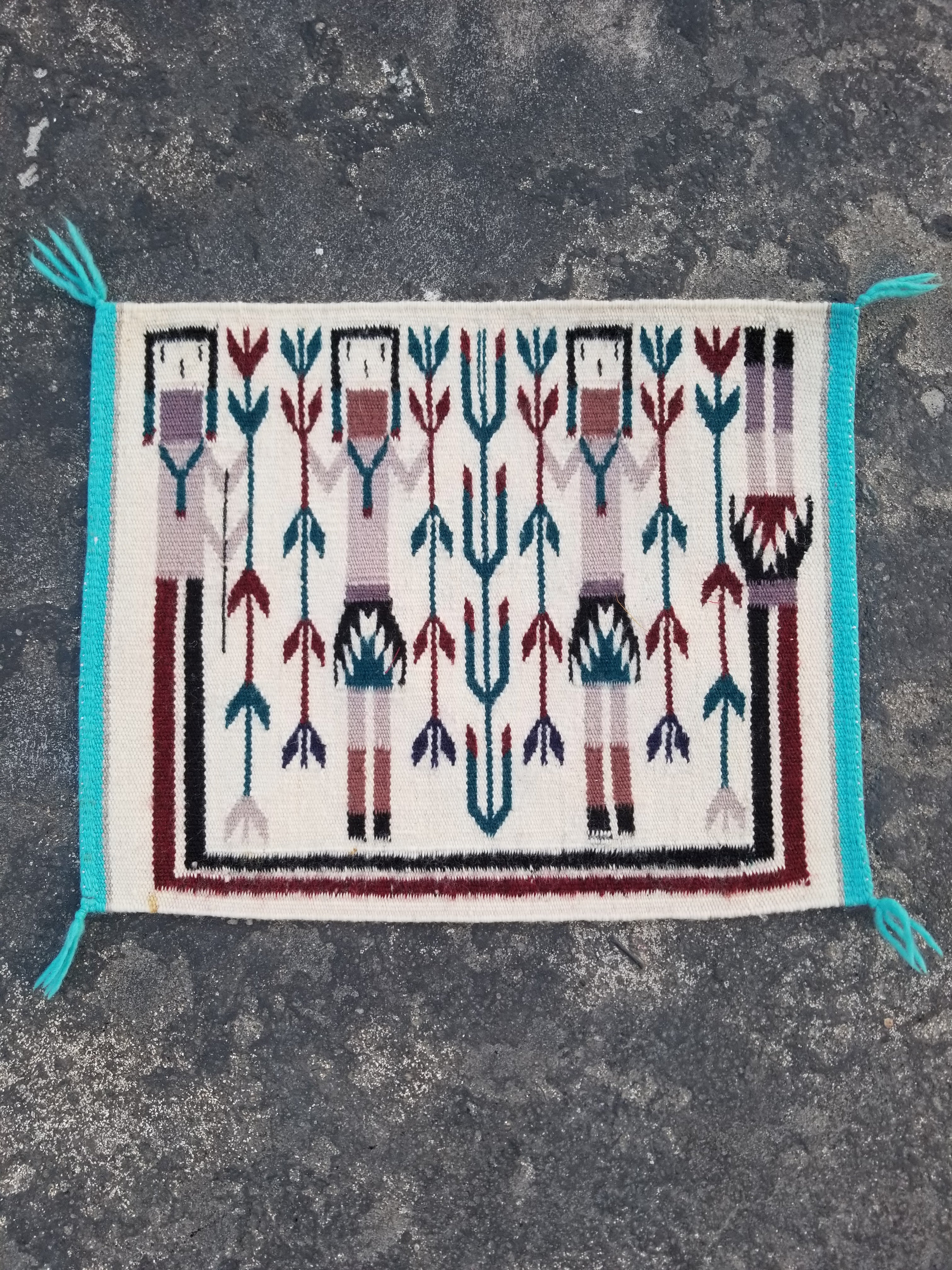 Vintage Traditional Handmade Native American Navajo Yei Wool Rug 47x38cm