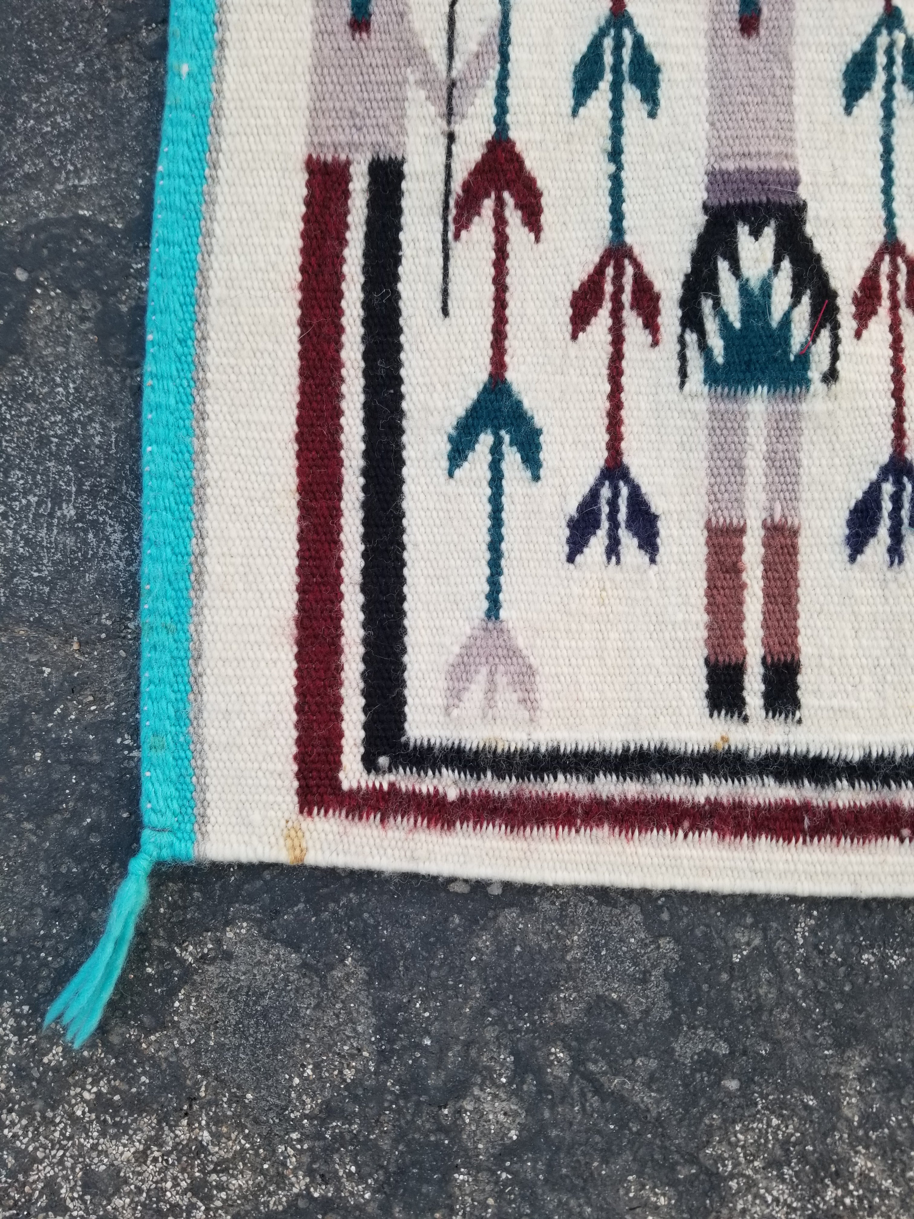 Vintage Traditional Handmade Native American Navajo Yei Wool Rug 47x38cm