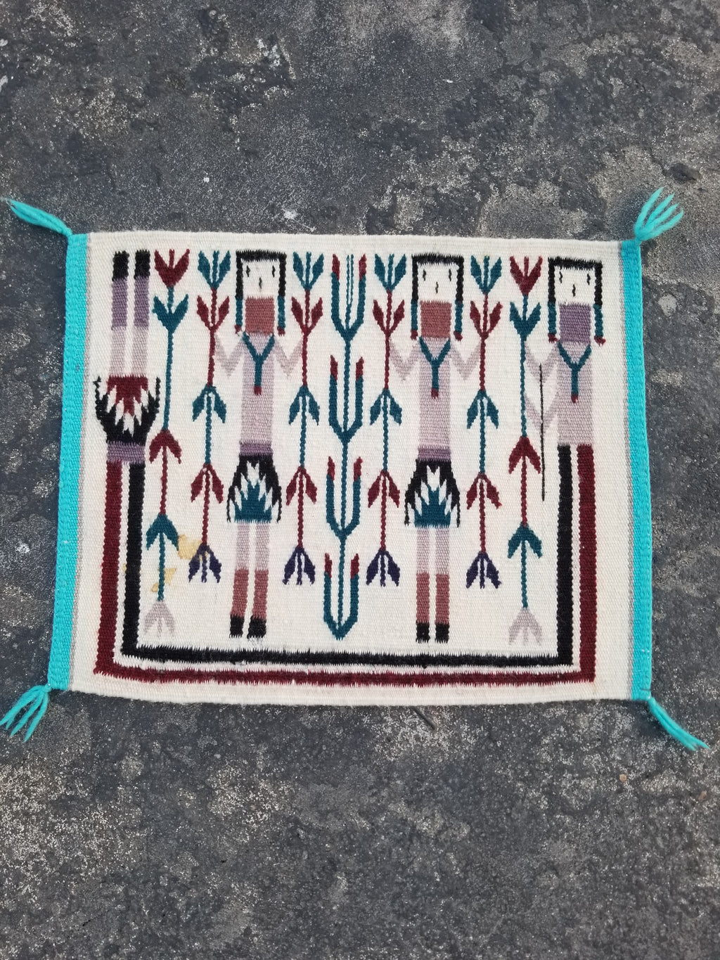 Vintage Traditional Handmade Native American Navajo Yei Wool Rug 47x38cm